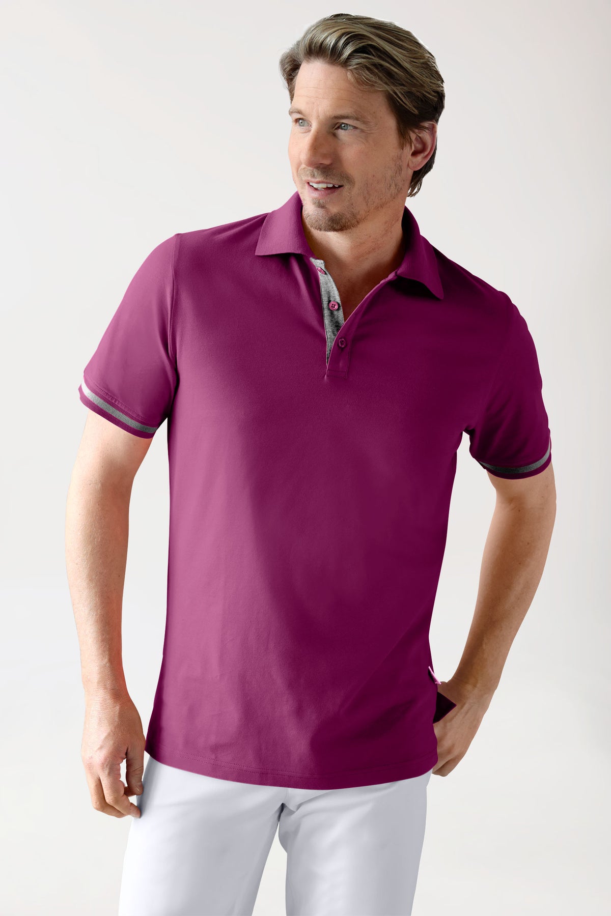 T-shirt Stretch Homme - Col polo berry/gris chiné foncé