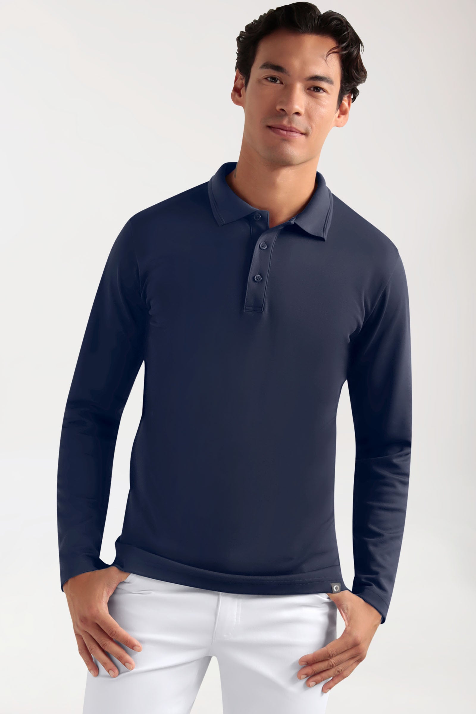 COMFY FLEX Homme, manche longue, maille piquée stretch – Col polo navy