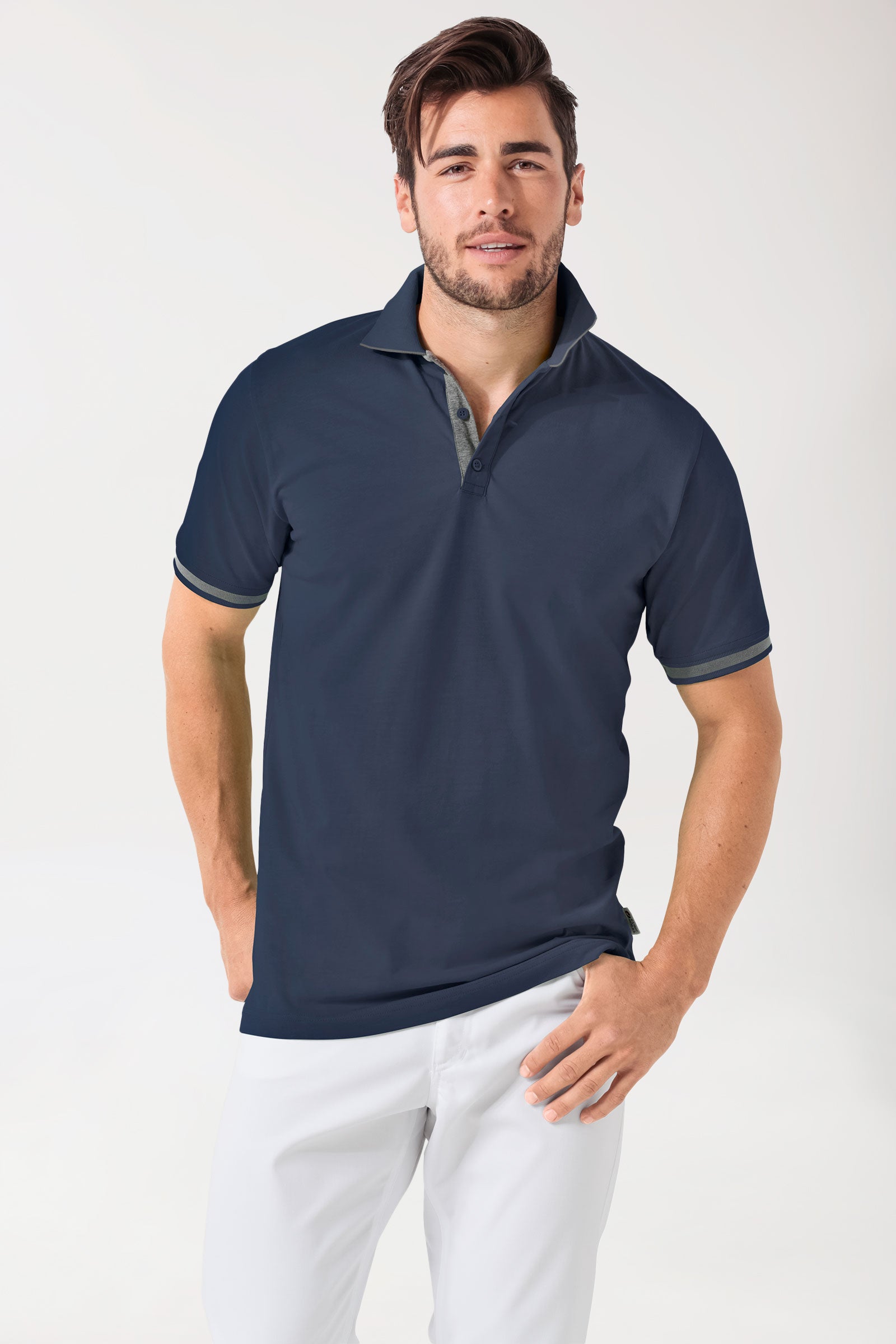 T-shirt Stretch Homme - Col polo bleu navy/gris chiné foncé, Vue de face