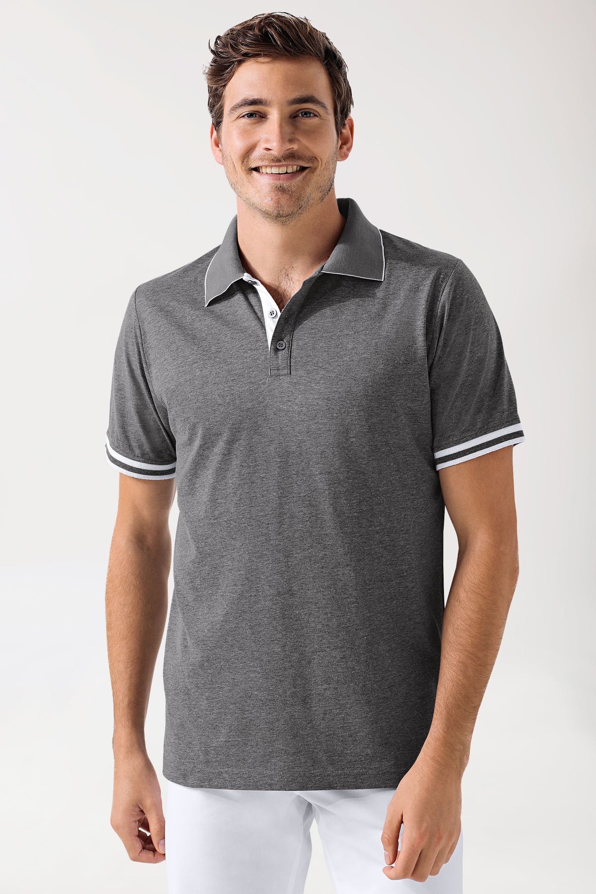 T-shirt Stretch Homme - Col polo - Patte de boutonnage contrastante - gris chiné foncé/blanc, Vue de face