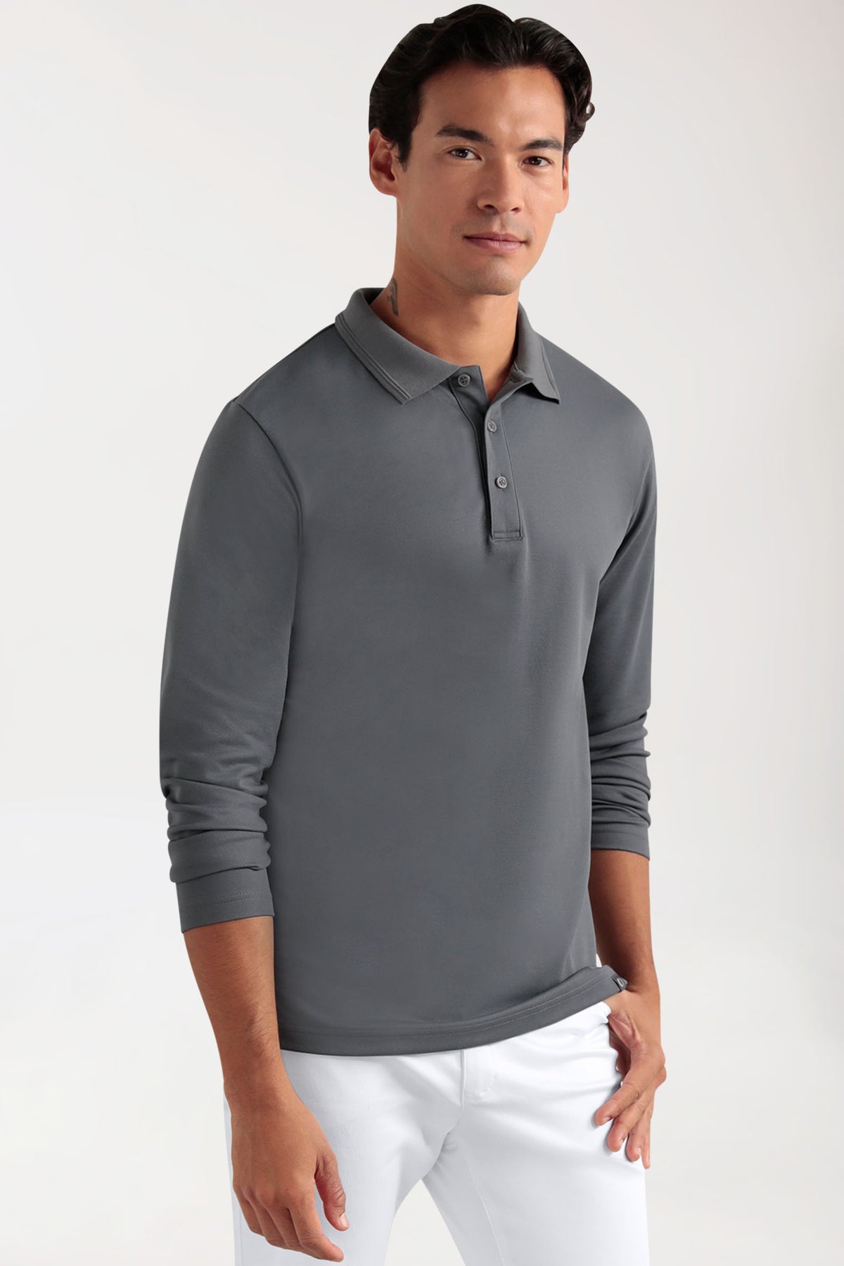 COMFY FLEX Homme, manche longue, maille piquée stretch – Col polo galet, Vue de face