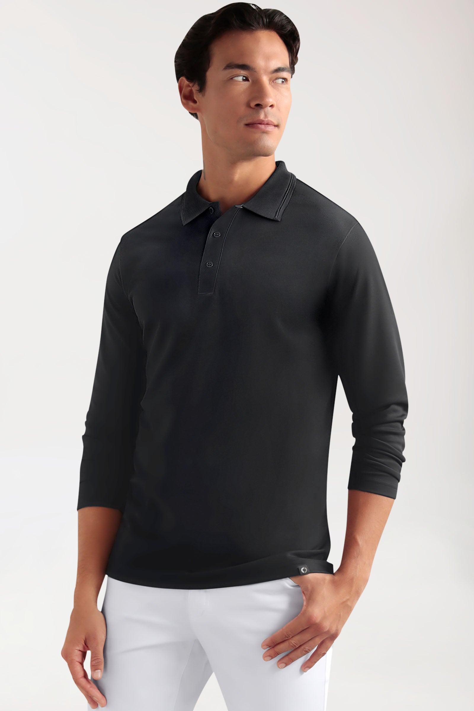 COMFY FLEX Homme, manche longue, maille piquée stretch – Col polo noir