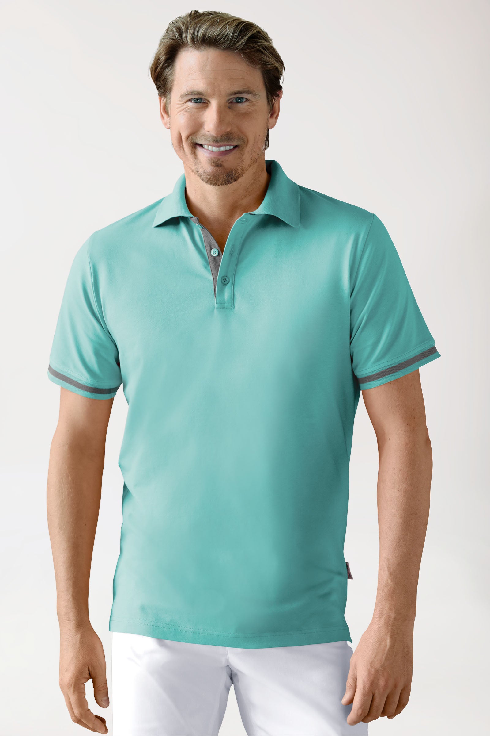 T-shirt Stretch Homme - Col polo vert d'eau/gris chiné foncé, Vue de face