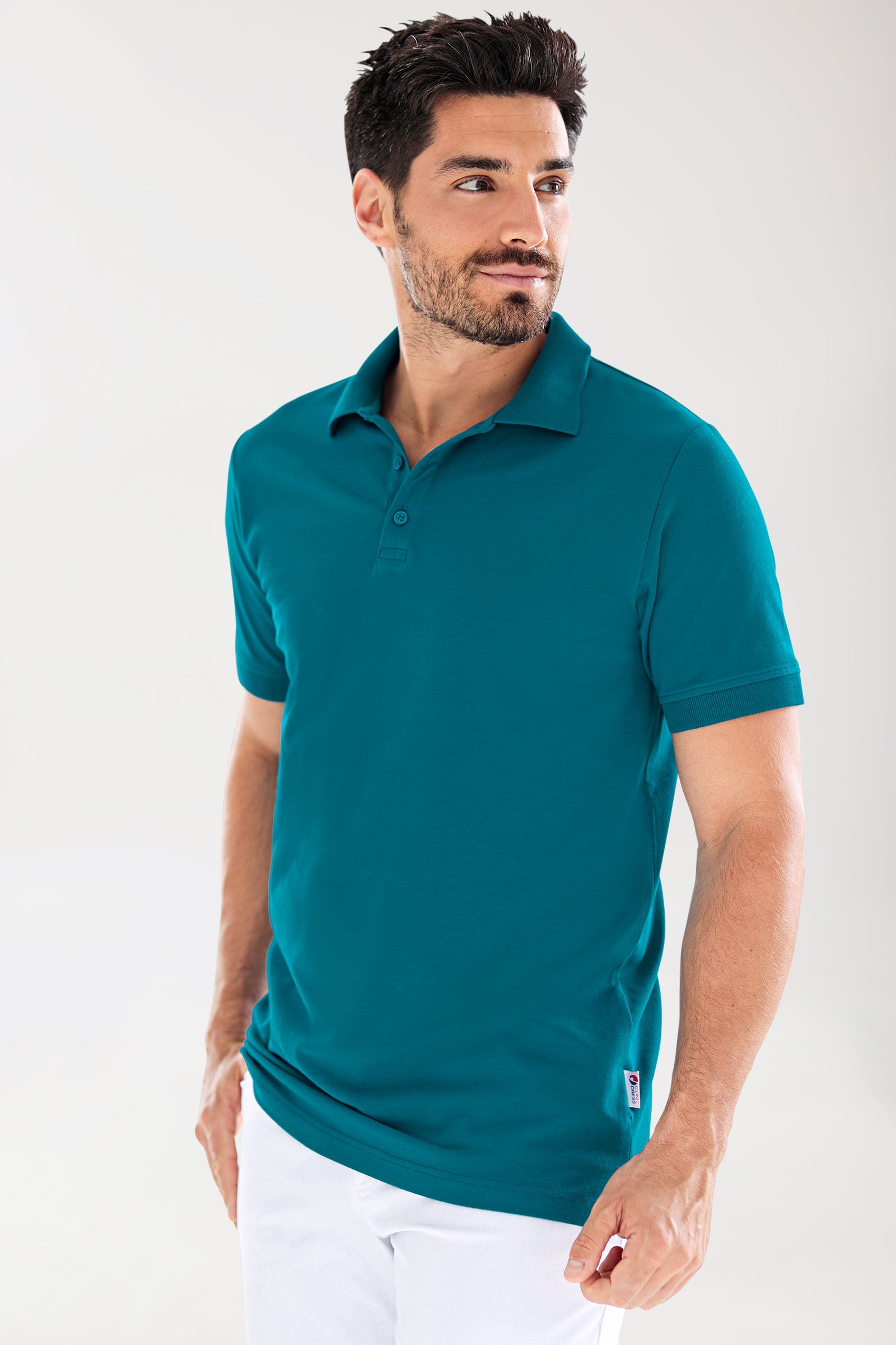 T-shirt Stretch Homme - Col polo - Boutonné vert pétrole, Vue de face