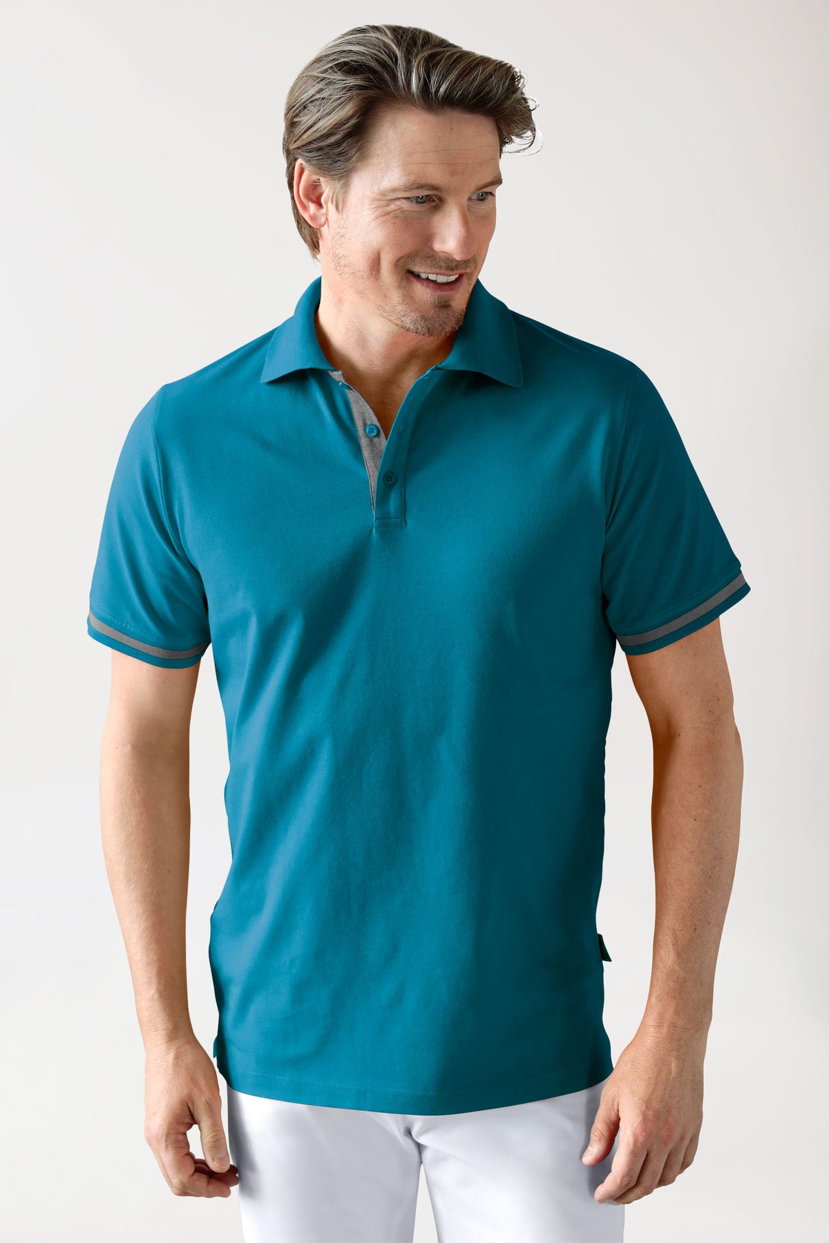 T-shirt Stretch Homme - Col polo vert pétrole/gris chiné foncé