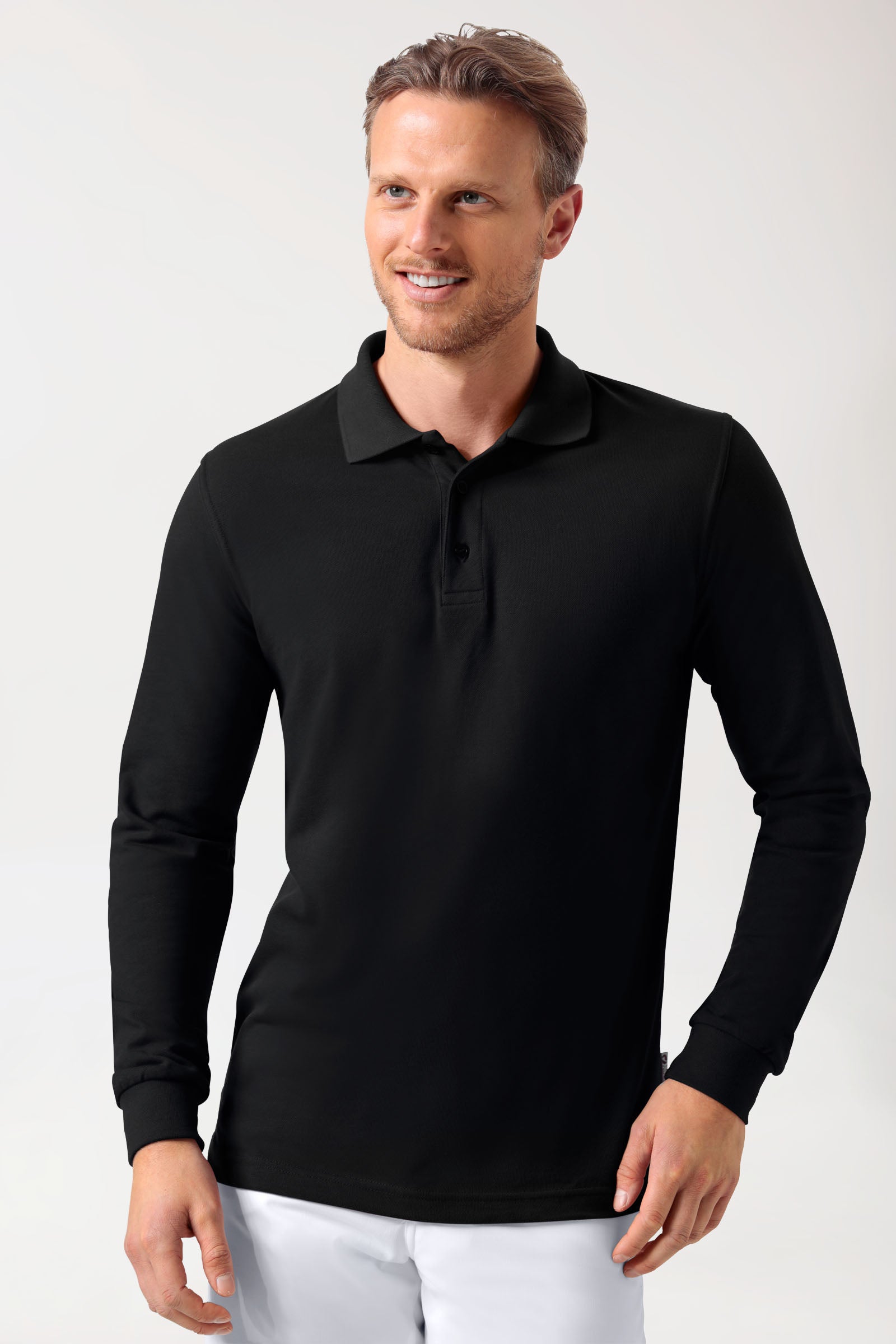 Polo manches longues noir unisexe, Vue de face