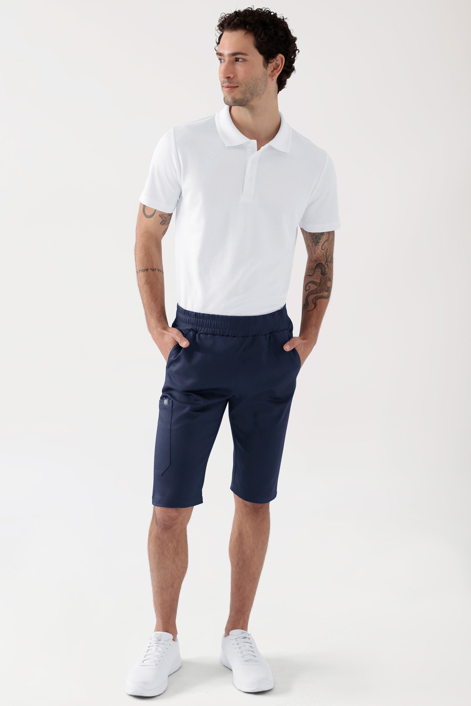 COMFY FLEX Pantalon Stretch mixte - bermuda navy, Vue de face Le mannequin mesure 188 cm et porte la taille M