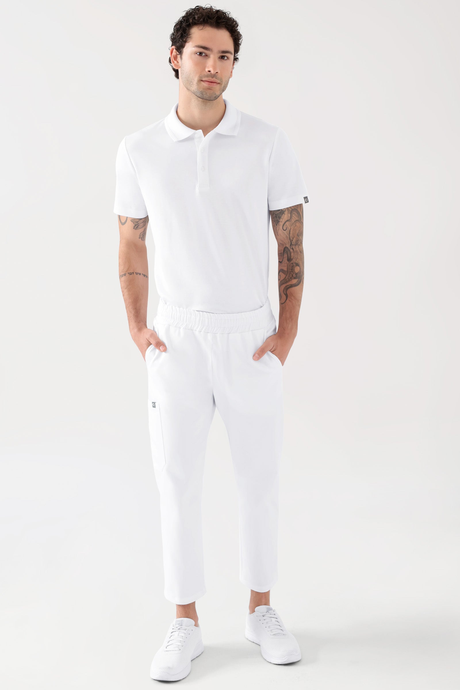 COMFY FLEX Pantalon Stretch mixte - 7/8 longueur blanc, Vue de face Le mannequin mesure 188 cm et porte la taille M