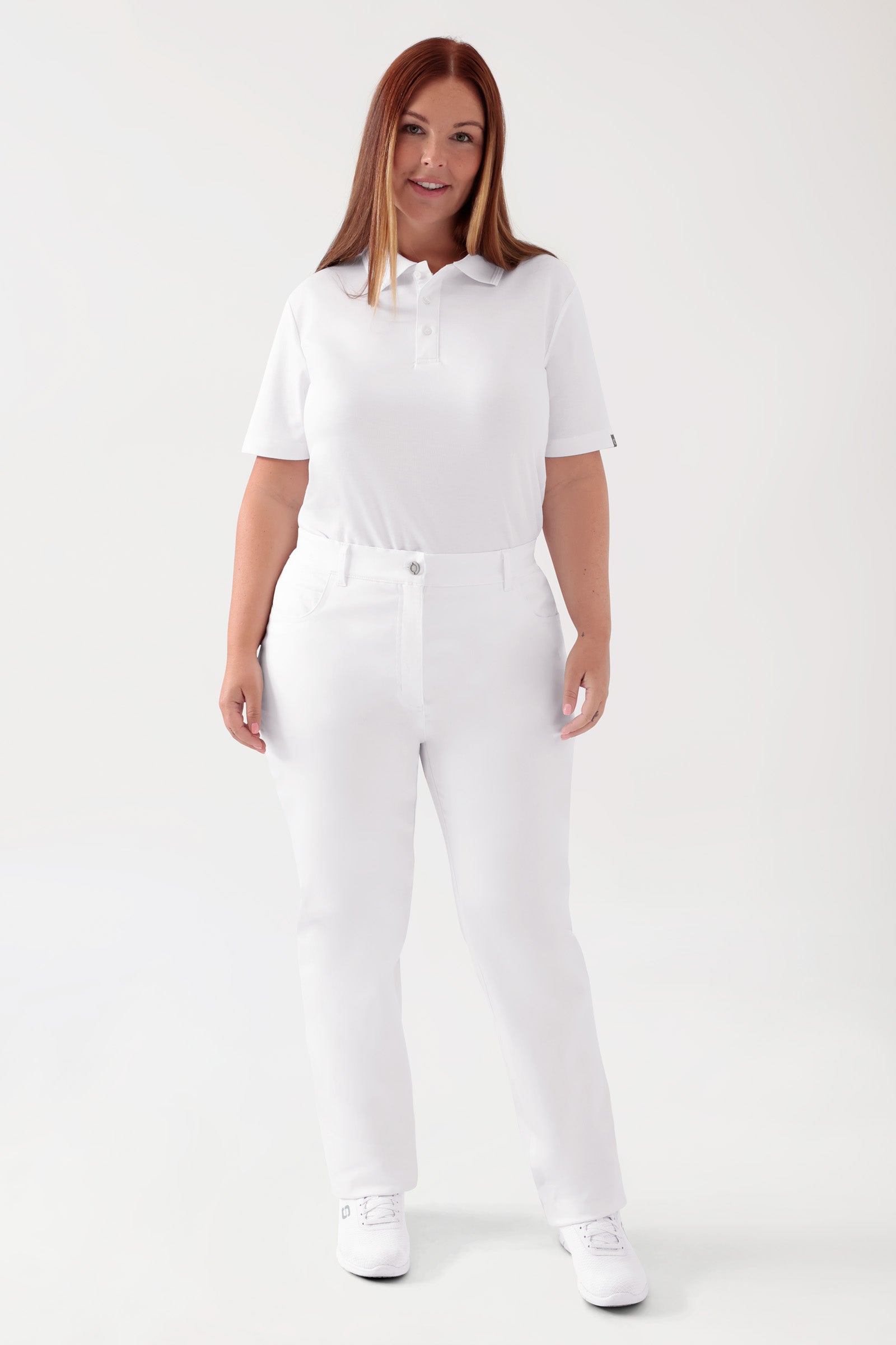 COMFY FLEX Pantalon 5 poches Femme - Jambe droite blanc, Vue de face Le mannequin mesure 173 cm et porte la taille 46