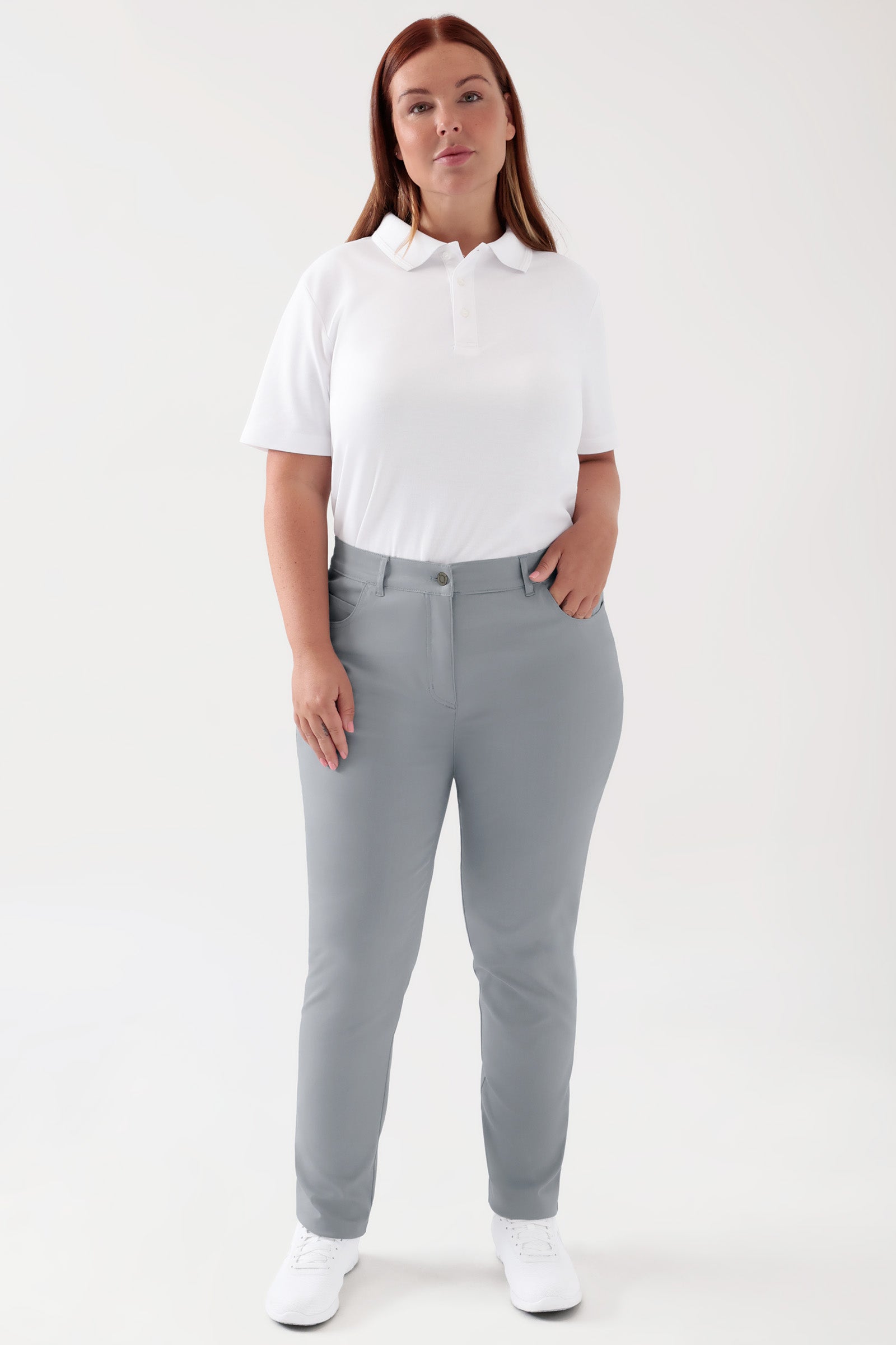 COMFY FLEX Pantalon 5 poches Femme - Jambe slim gris, Vue de face Le mannequin mesure 173 cm et porte la taille 46