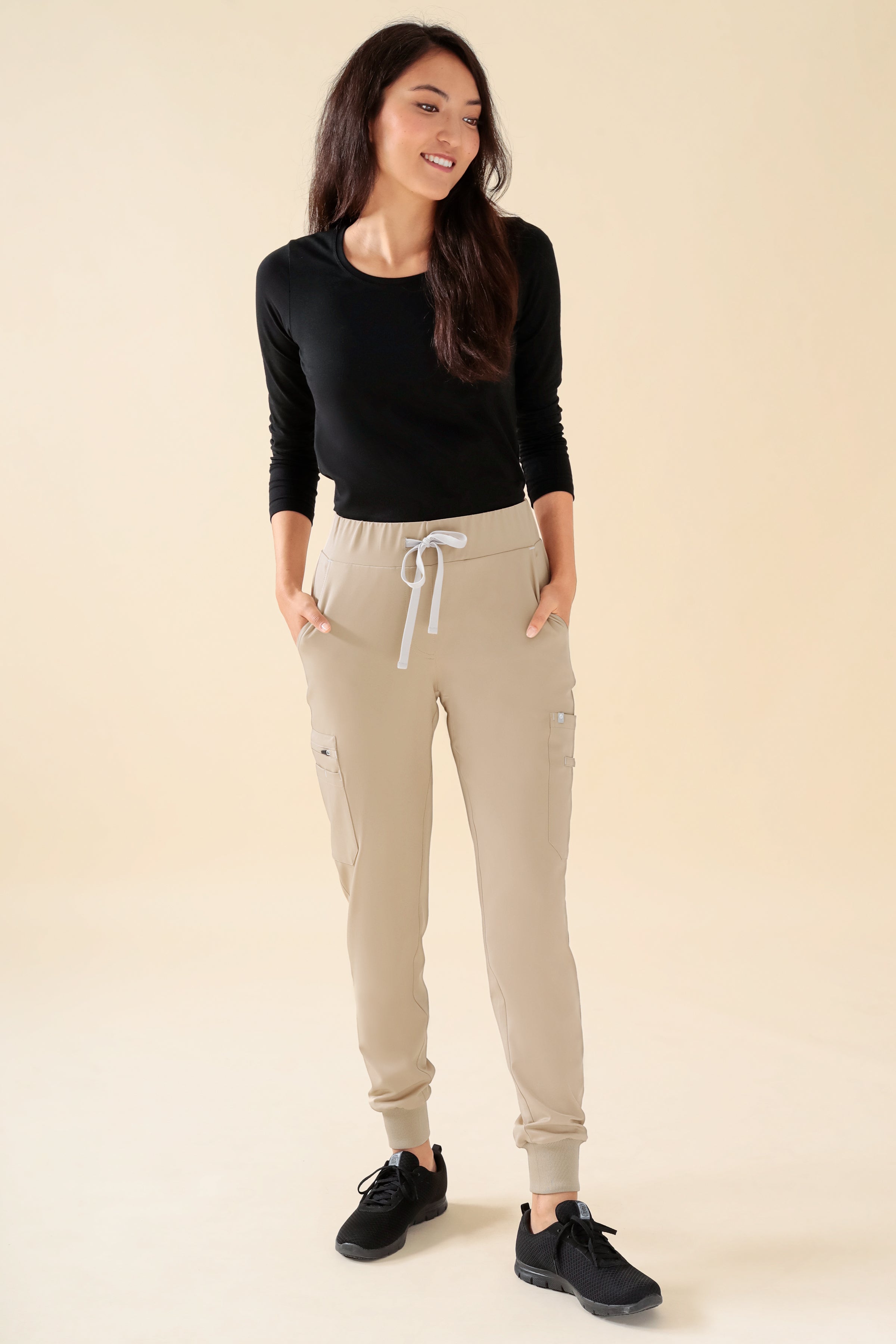KAERE Pantalon Femme - avec poches cargo et ourlets côtelés sable