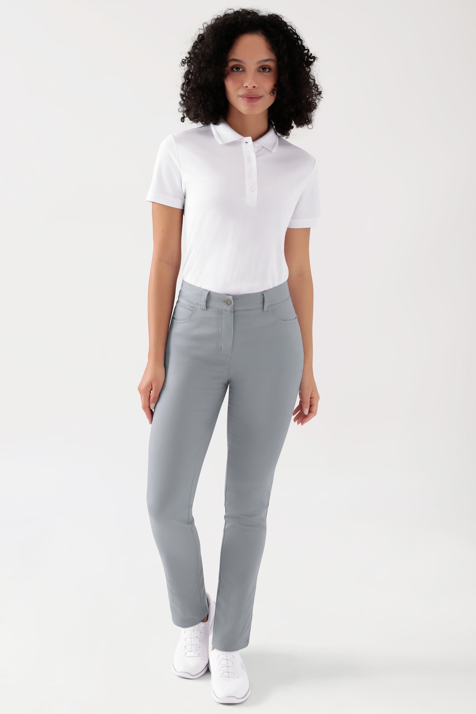 COMFY FLEX Pantalon 5 poches Femme - Jambe droite gris, Vue de face Le mannequin mesure 176 cm et porte la taille 36