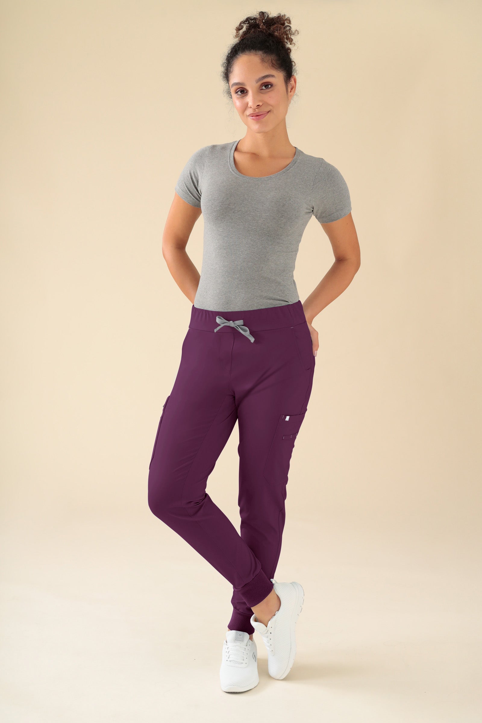 KAERE Pantalon Femme - avec poches cargo et ourlets côtelés prune