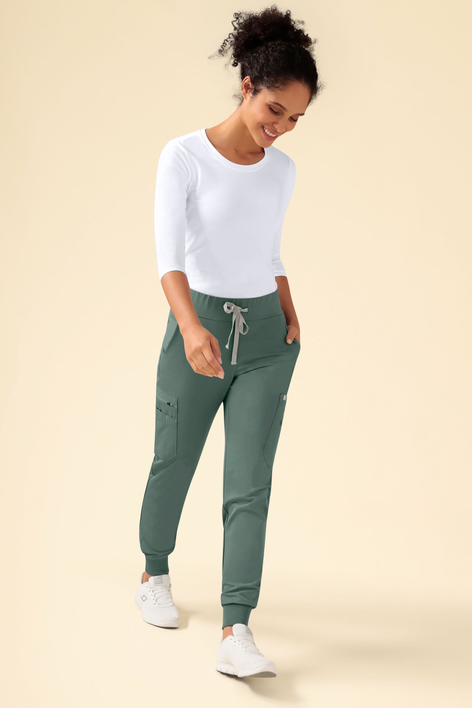 KAERE Pantalon Femme - avec poches cargo et ourlets côtelés vert foncé