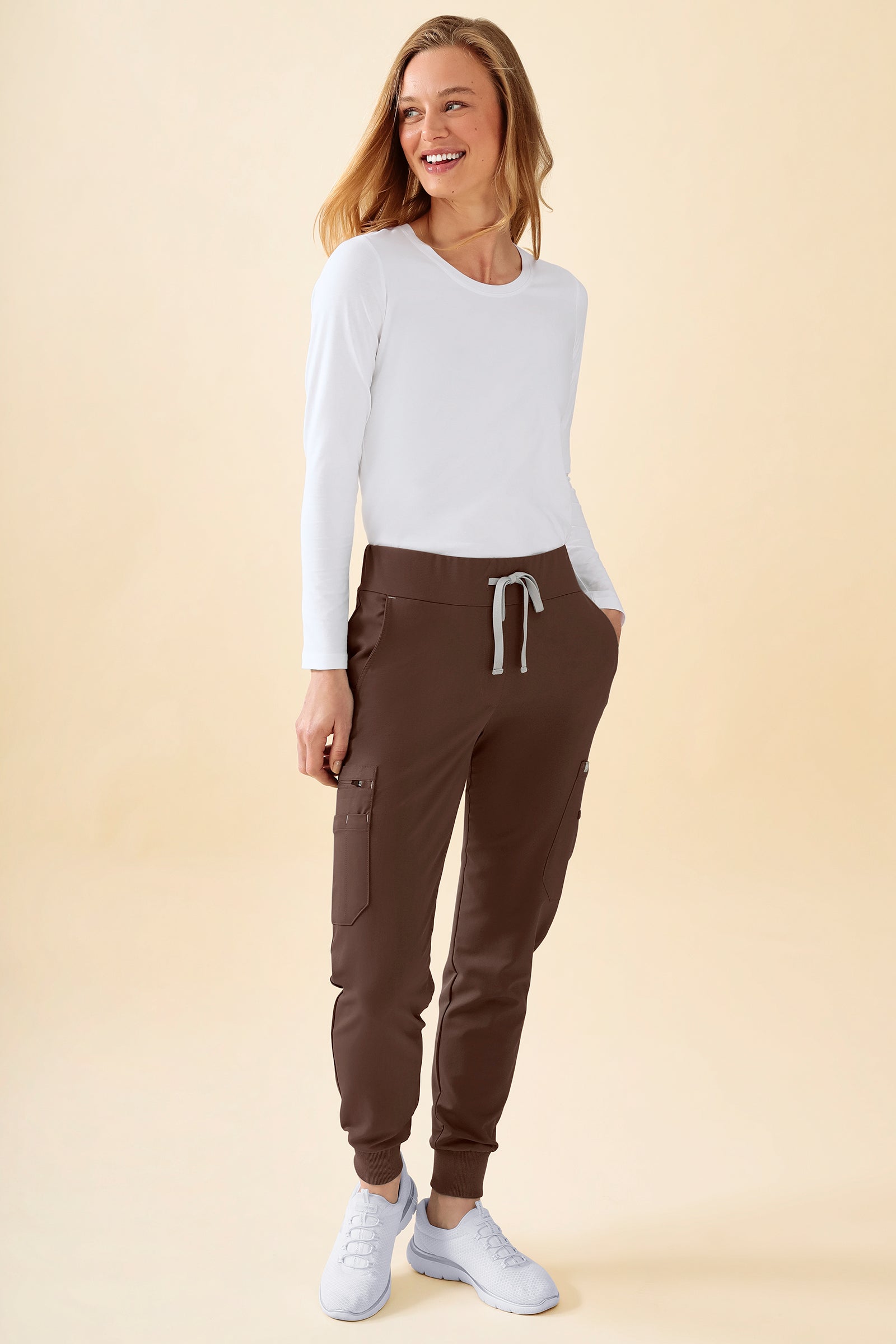 KAERE Pantalon Femme - avec poches cargo et ourlets côtelés coffee