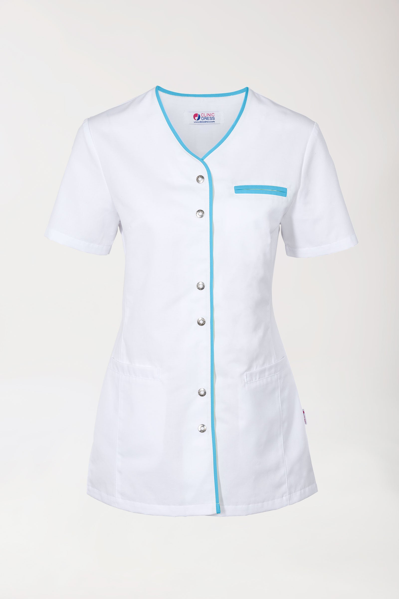 Blouse Beauté Femme - Boutonnée blanc/turquoise, Vue de face