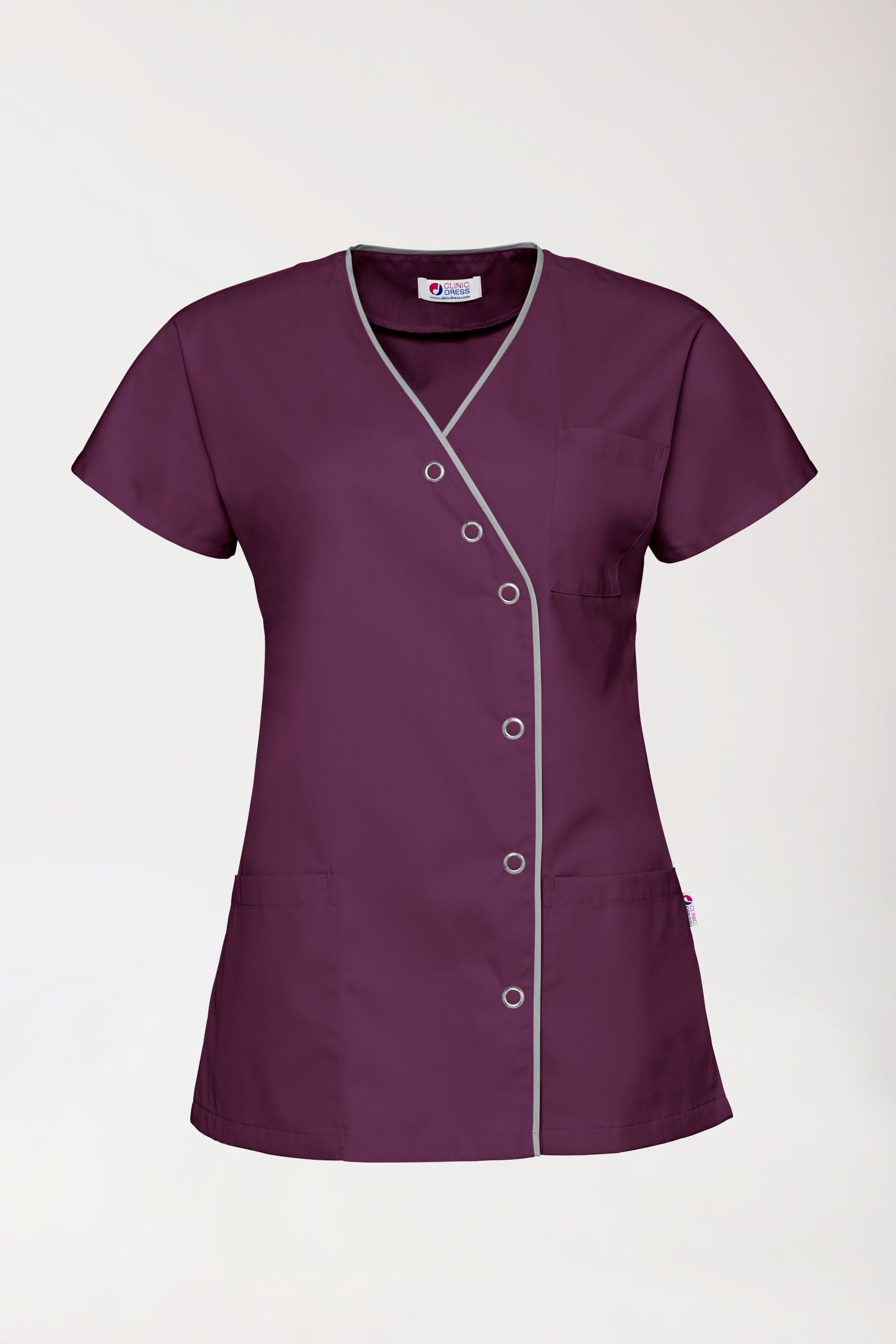 Blouse Beauté Femme - Patte pressions asymétrique prune/gris, Vue de face