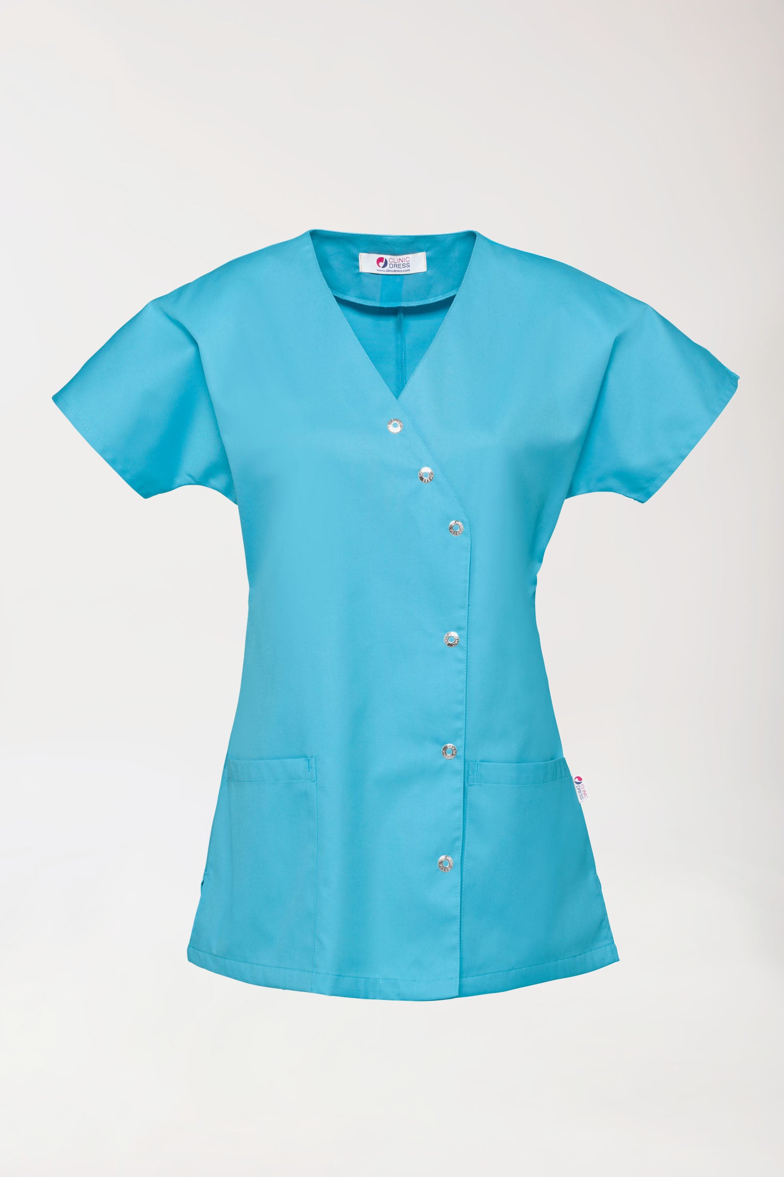 Blouse Beauté Femme - Patte pressions asymétrique turquoise, Vue de face