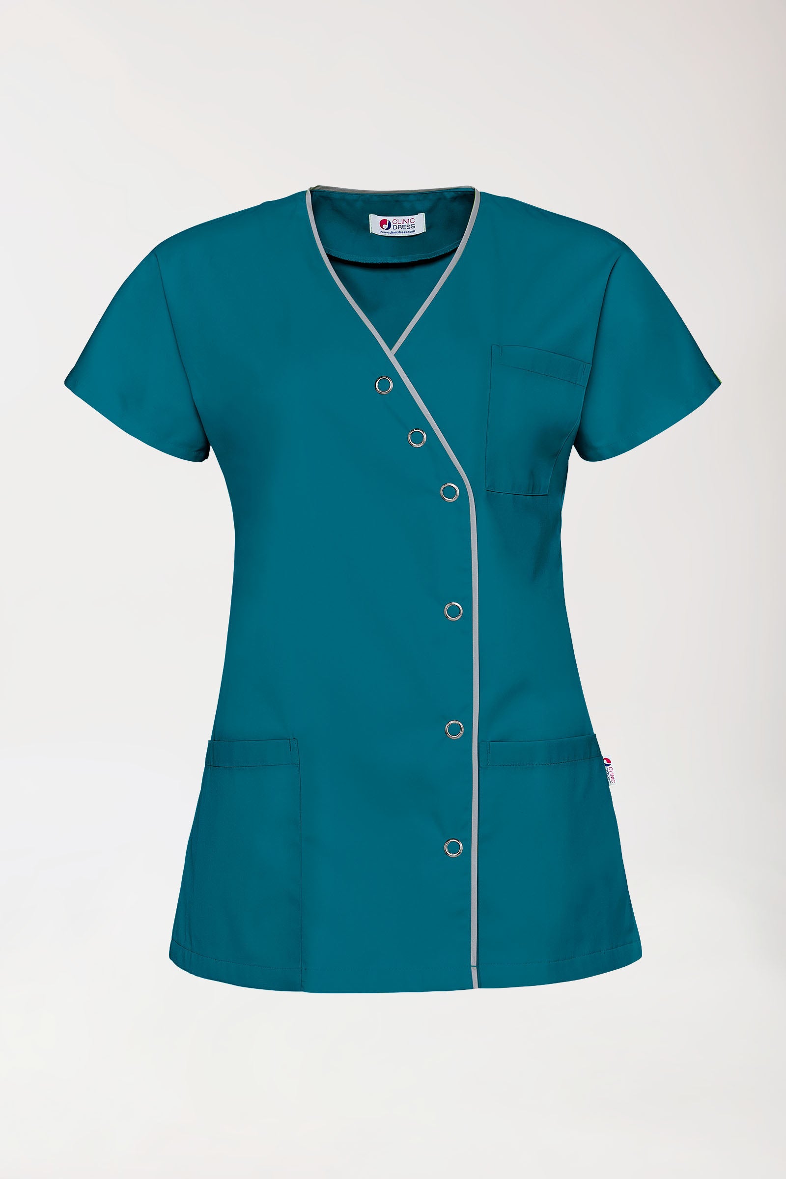 Blouse Beauté Femme - Patte pressions asymétrique vert pétrole/gris