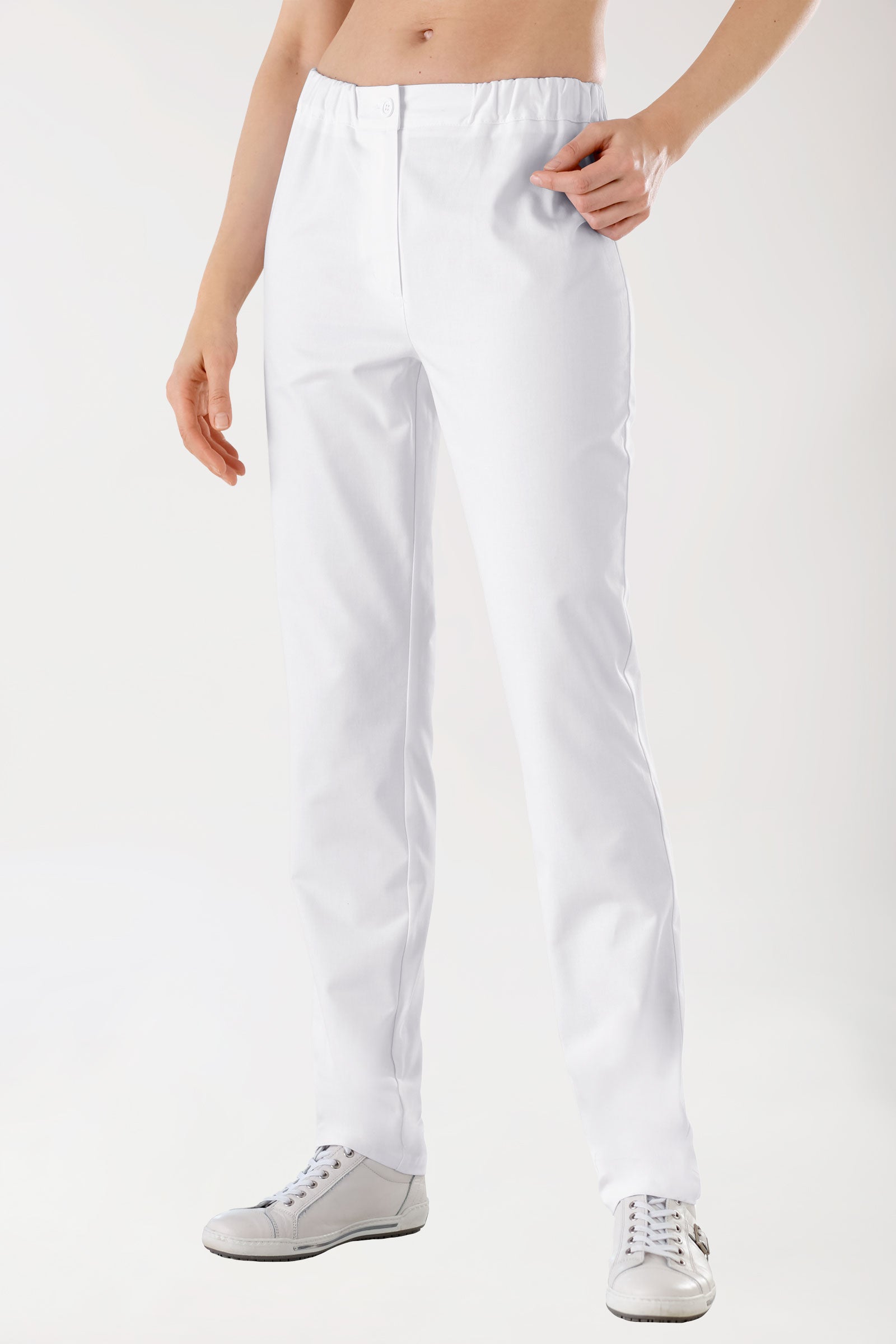 femme-Pantalon blanc ceinture partiellement élastiquée, Vue de face