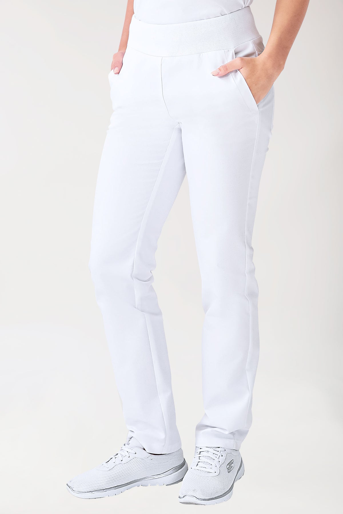 Pantalon Stretch Femme - Poches côtés - Ceinture en maille blanc