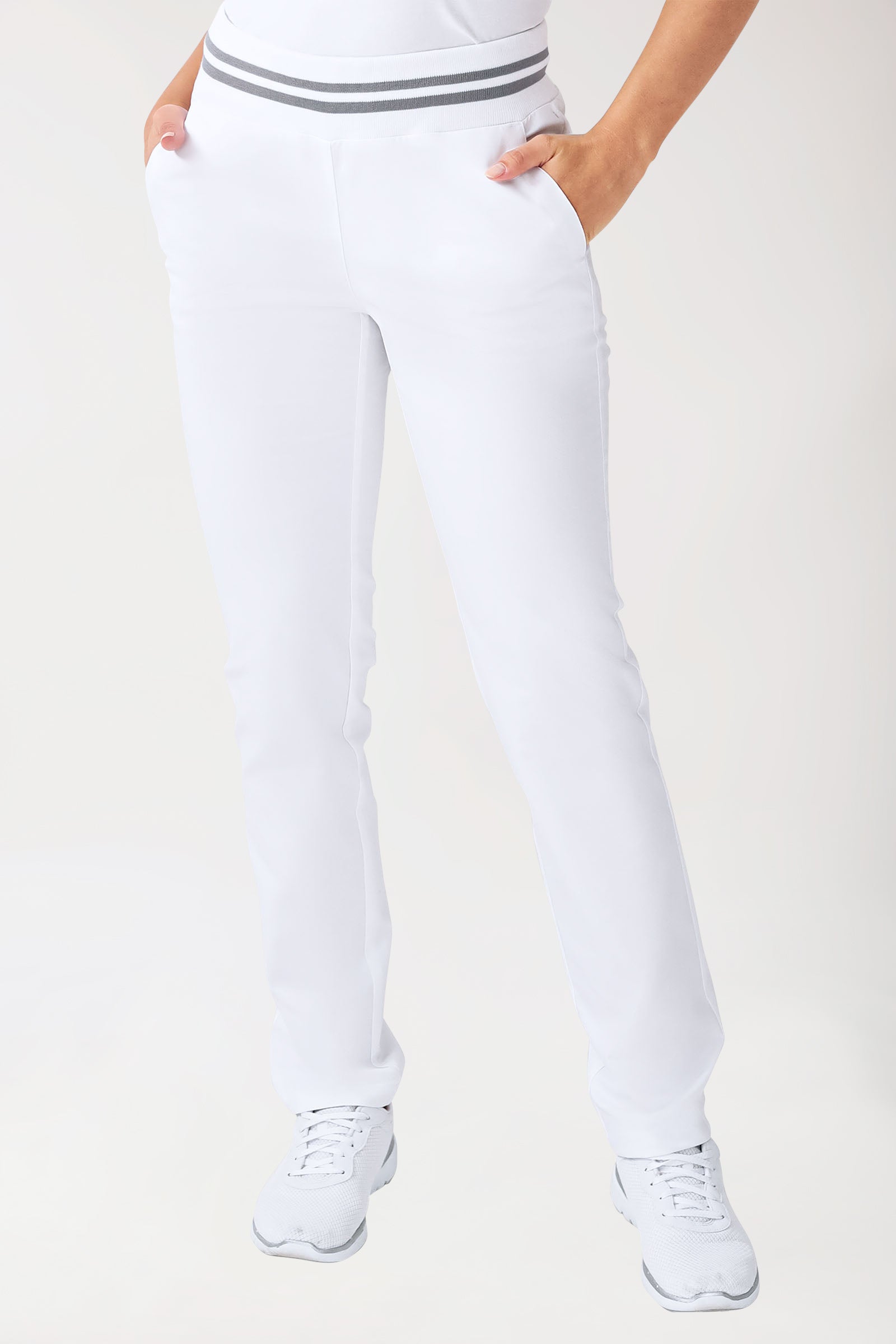 Pantalon Stretch Femme - Ceinture en maille blanc/gris