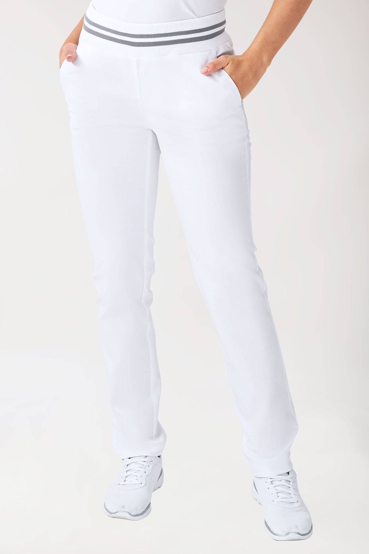 Pantalon Stretch Femme - Ceinture en maille blanc/gris