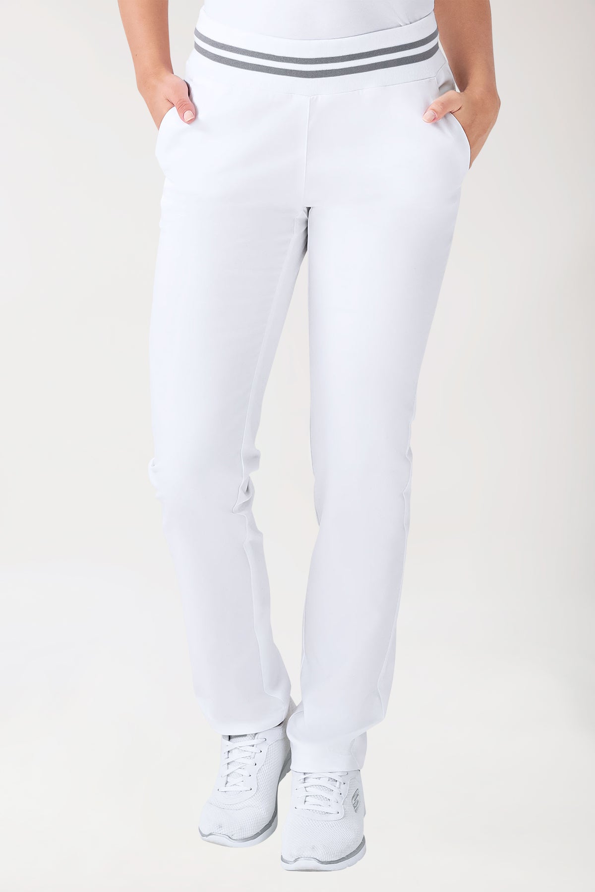 Pantalon Stretch Femme - Ceinture en maille blanc/gris