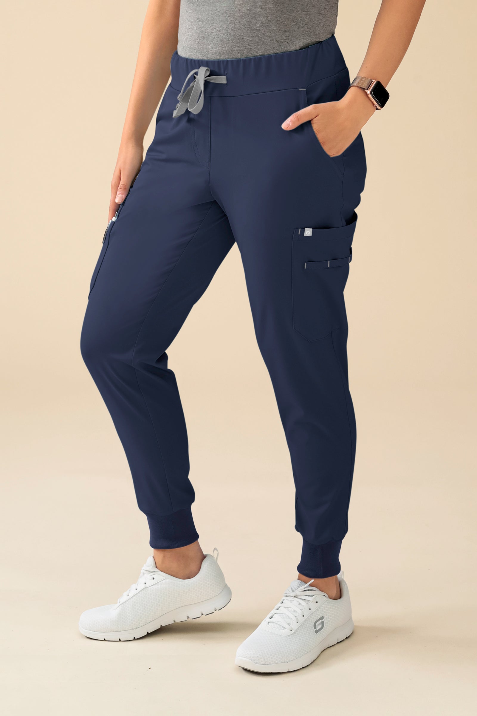 KAERE Pantalon Femme - avec poches cargo et ourlets côtelés Taille courte bleu navy, Vue de face