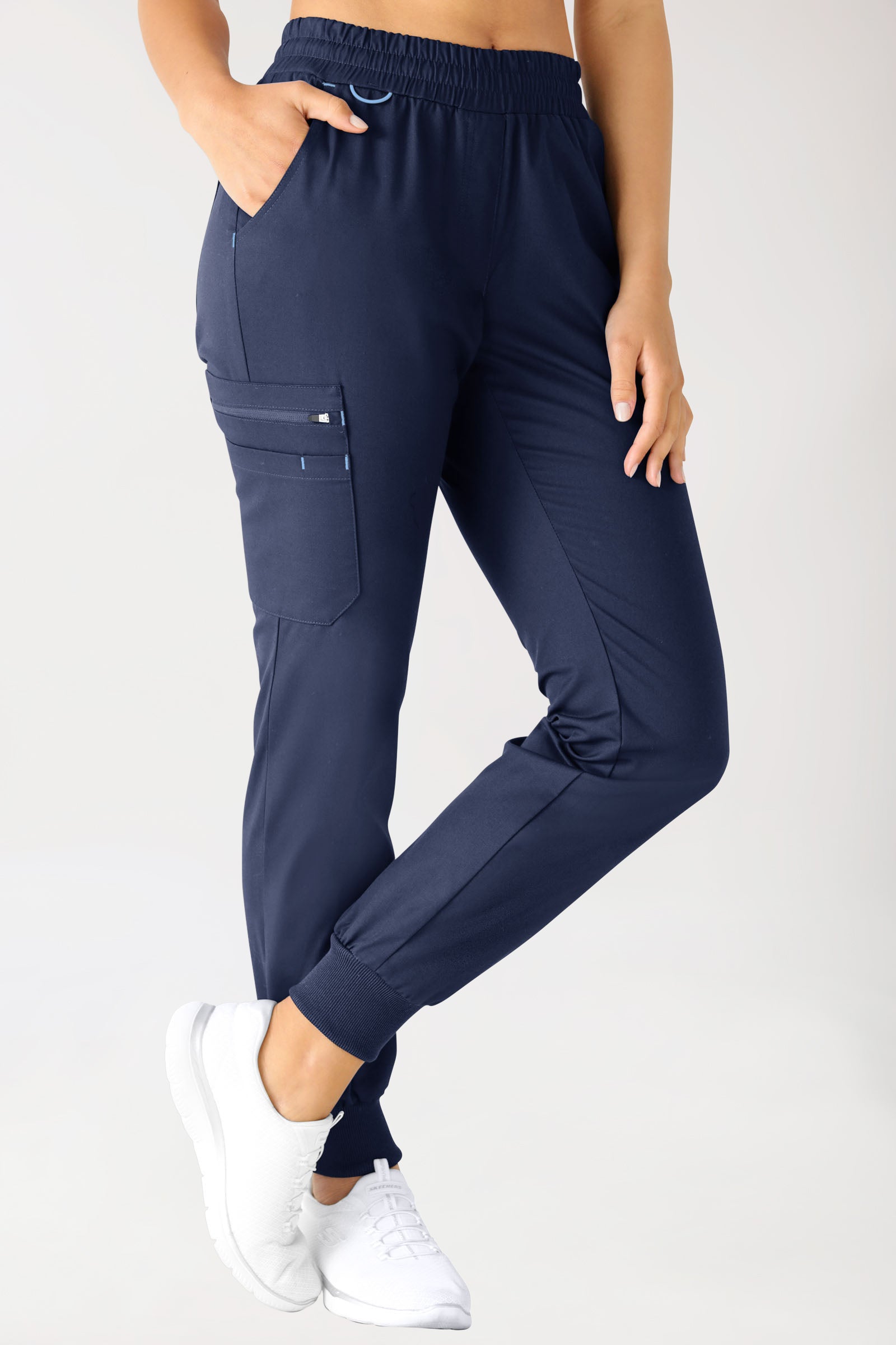CLINIC STRETCH Pantalon Femme - Ceinture en maille bleu navy/bleu ciel, Vue de face