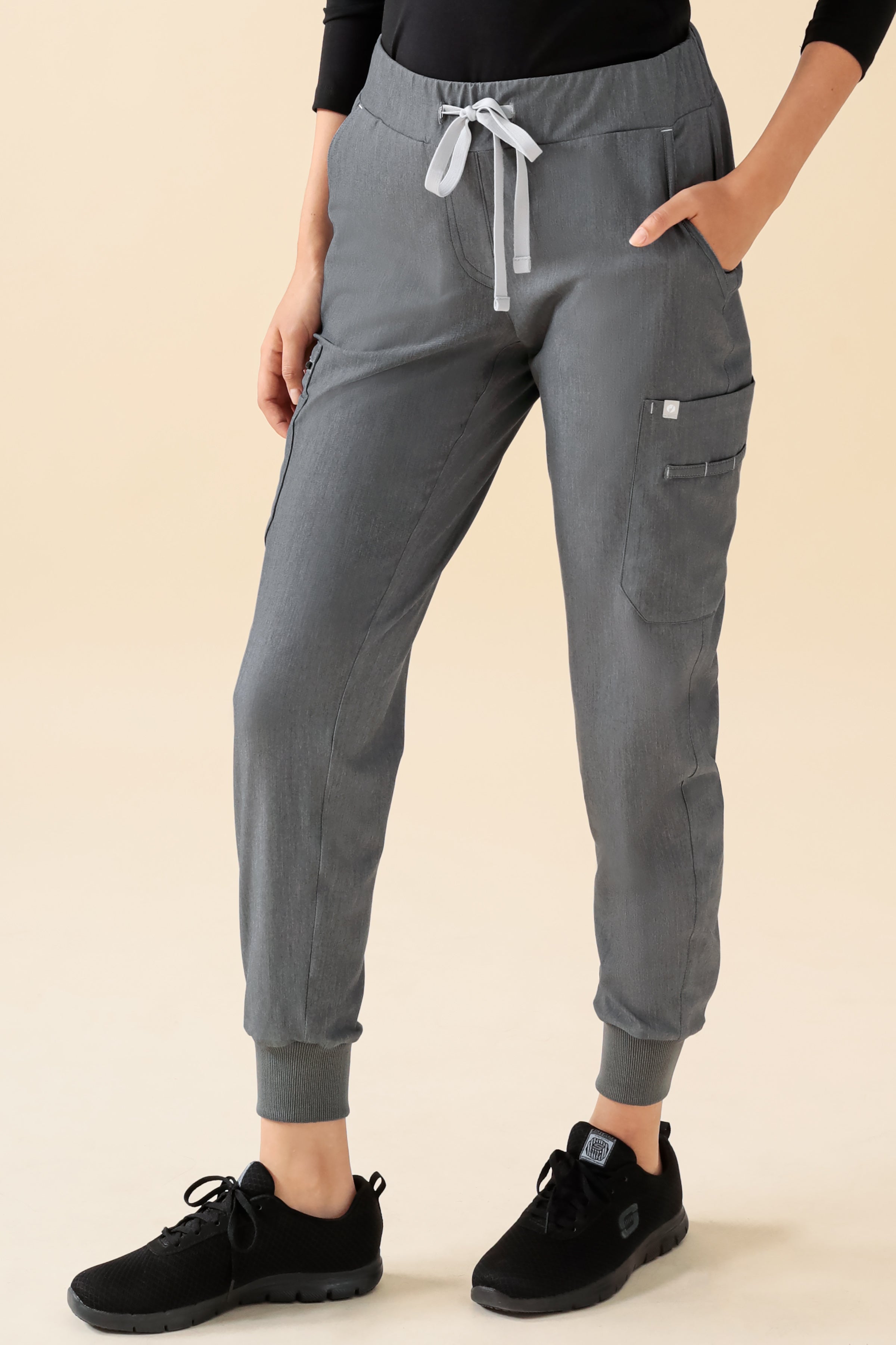 KAERE Pantalon Femme - avec poches cargo et ourlets côtelés gris chiné