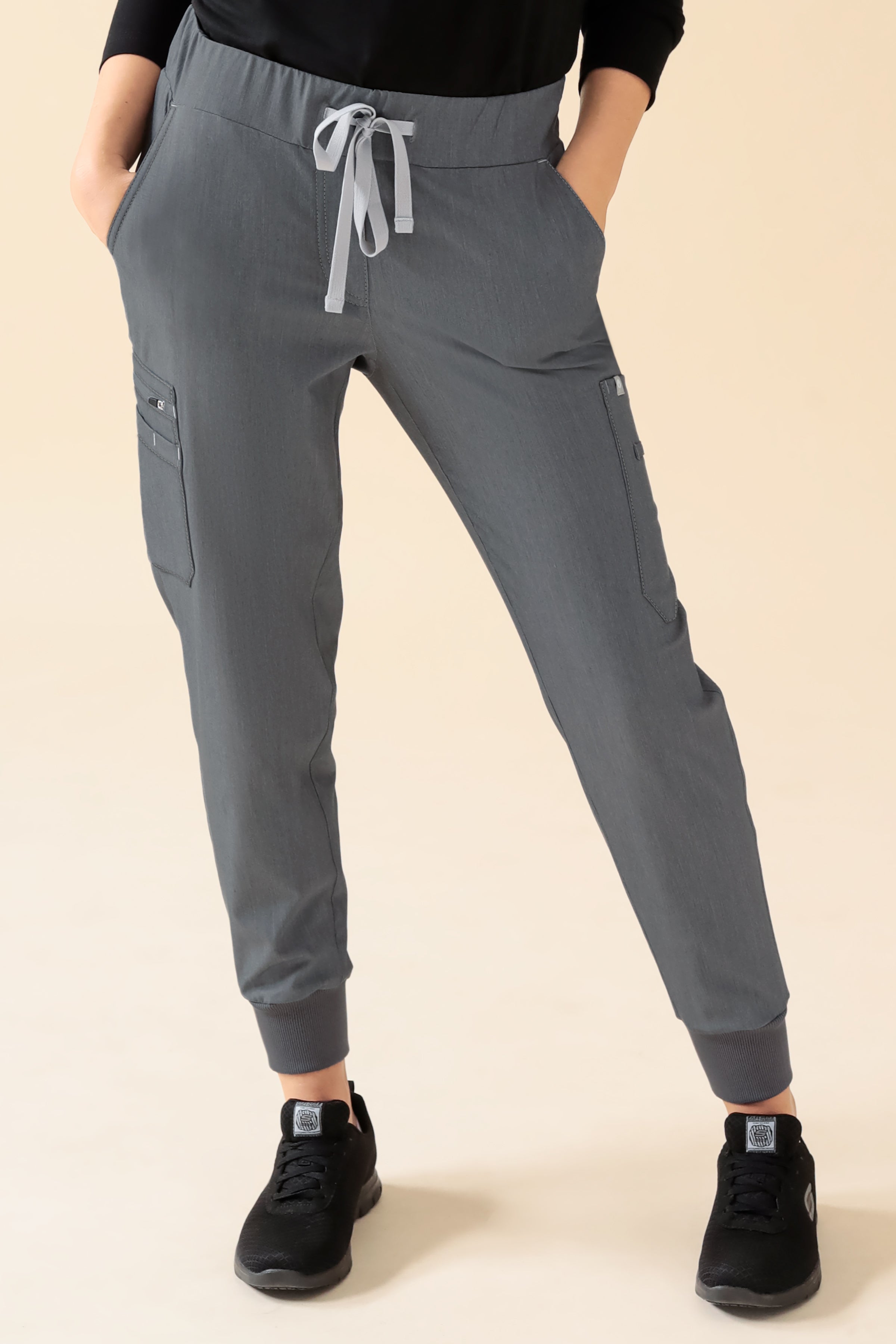 KAERE Pantalon Femme - avec poches cargo et ourlets côtelés Taille courte gris chiné