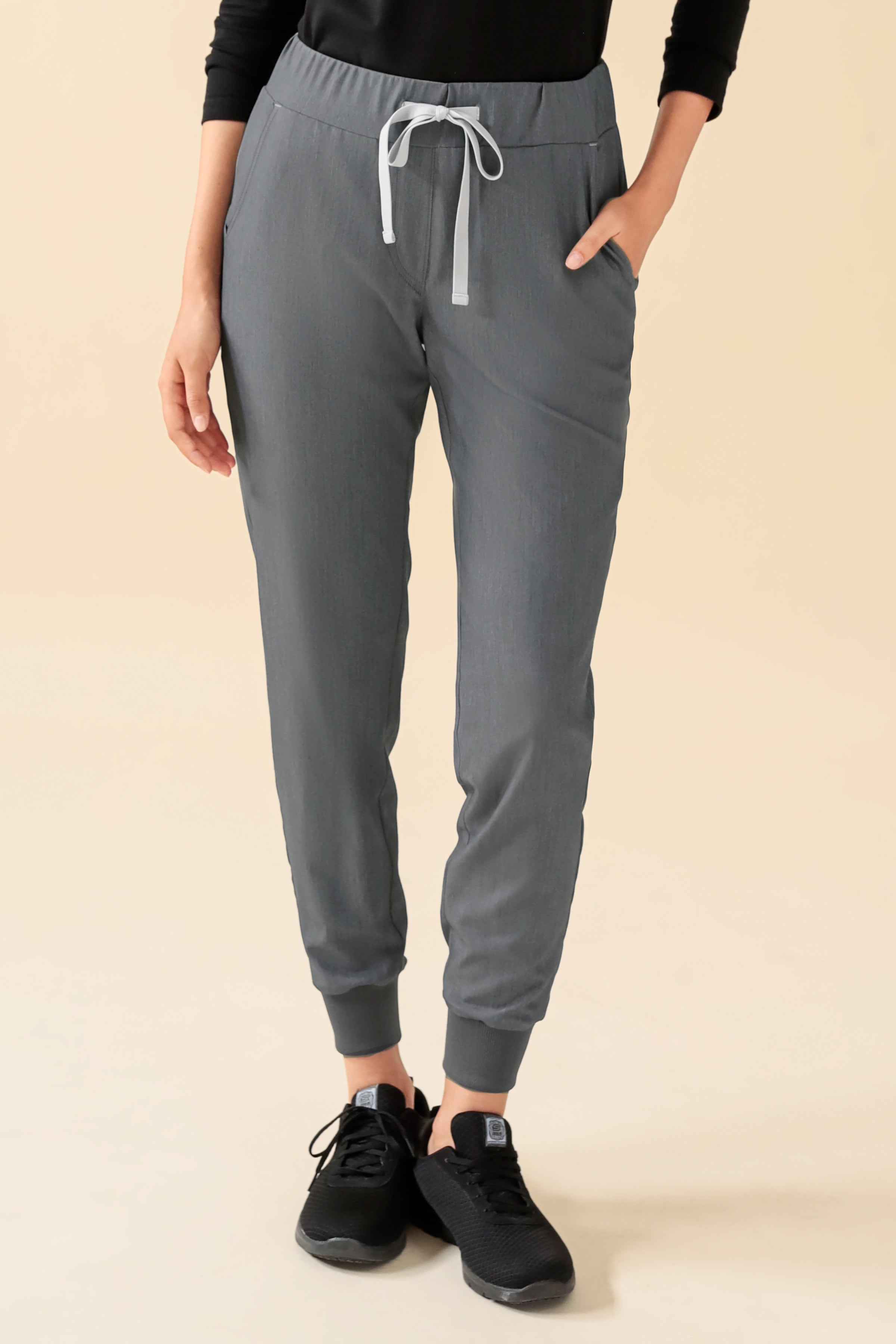 KAERE Pantalon Femme - ourlets côtelés et sans poches cargo gris chiné, Vue de face