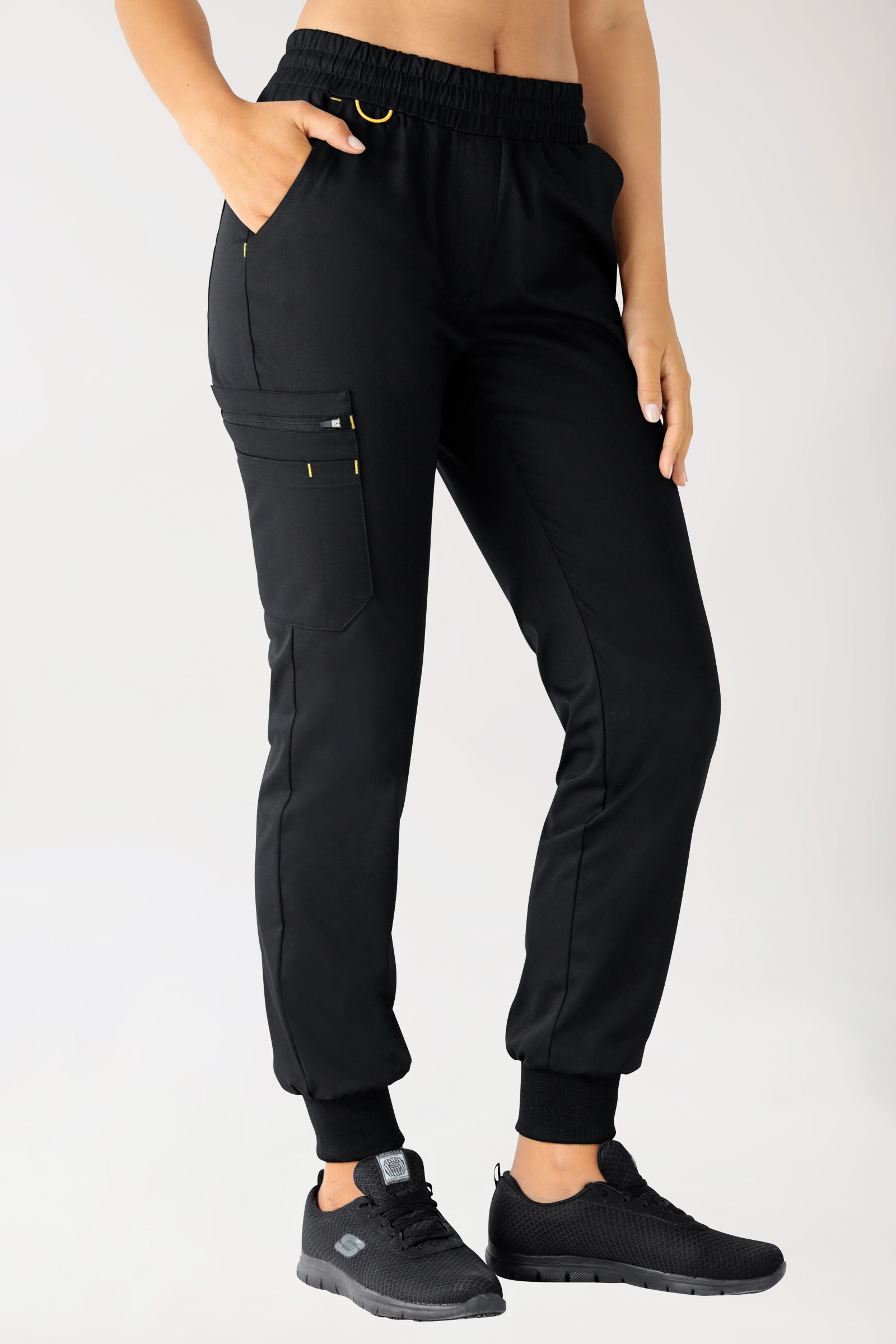CLINIC STRETCH Pantalon Femme - Ceinture en maille noir/jaune
