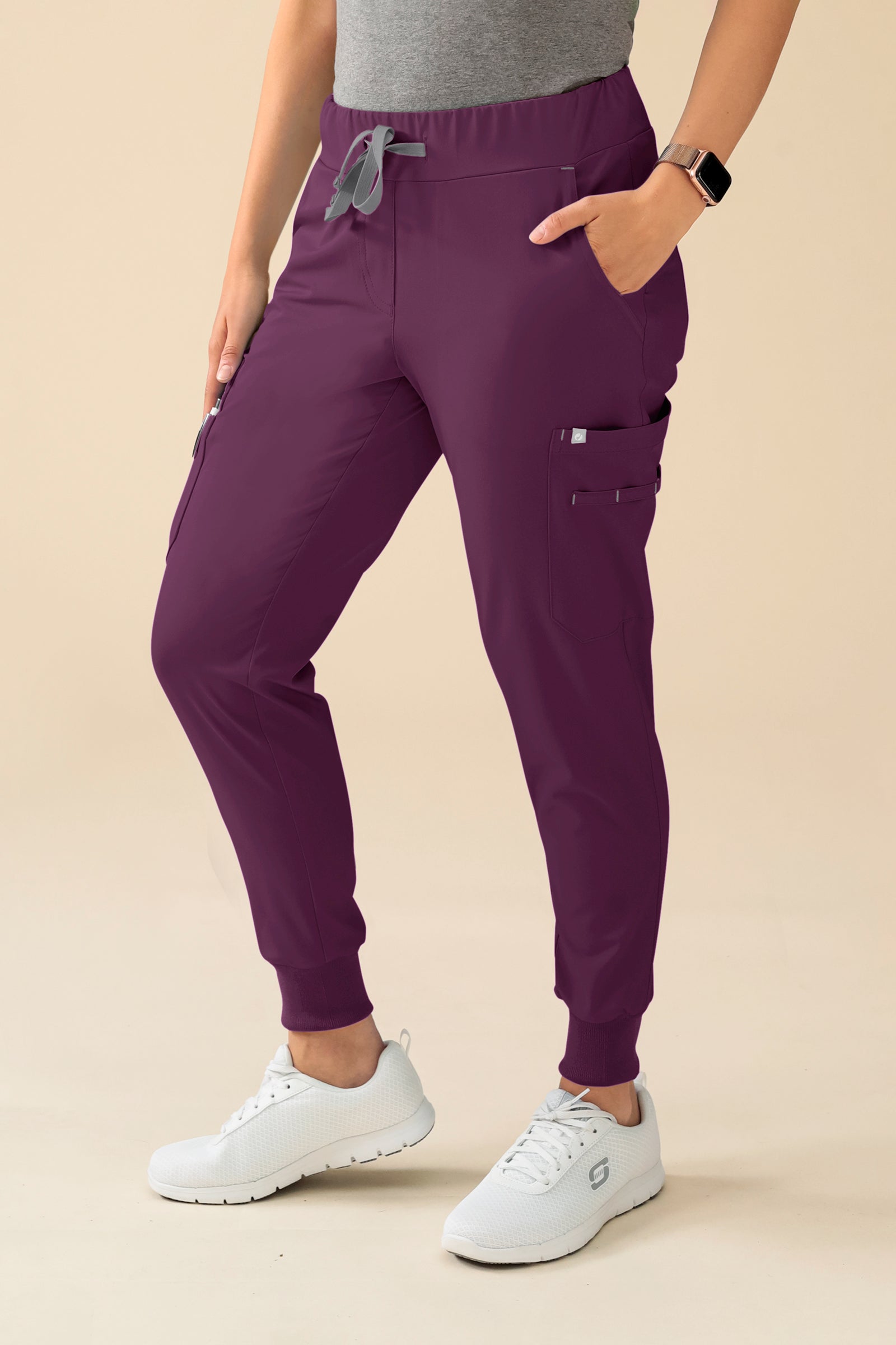 KAERE Pantalon Femme - avec poches cargo et ourlets côtelés Taille courte prune