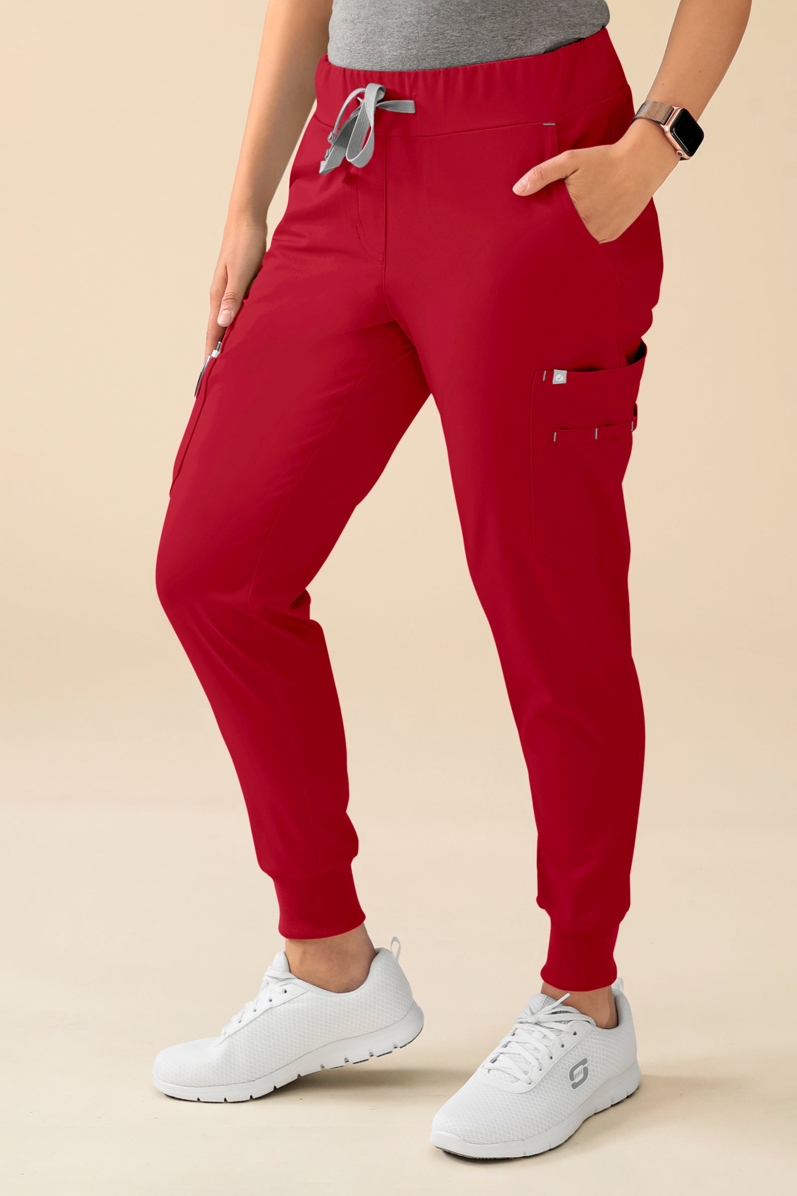 KAERE Pantalon Femme - avec poches cargo et ourlets côtelés Taille courte rouge, Vue de face