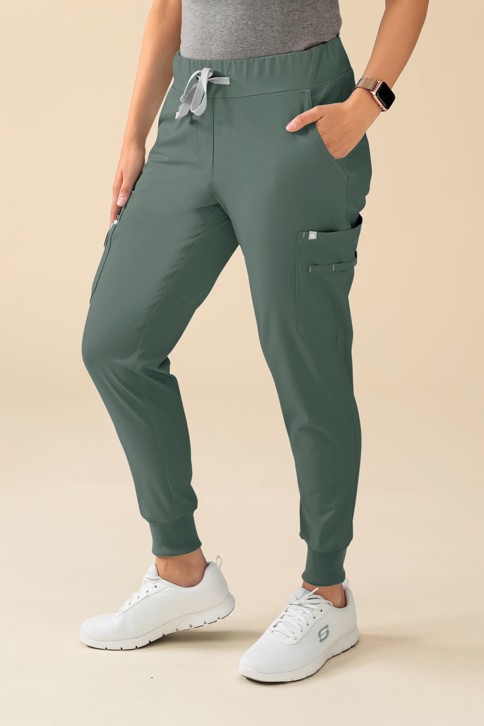 KAERE Pantalon Femme - avec poches cargo et ourlets côtelés Taille courte vert foncé, Vue de face