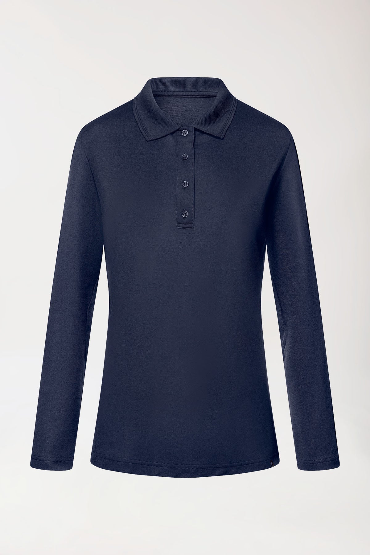 COMFY FLEX Femme, manche longue, maille piquée stretch – Col polo navy, Vue de face