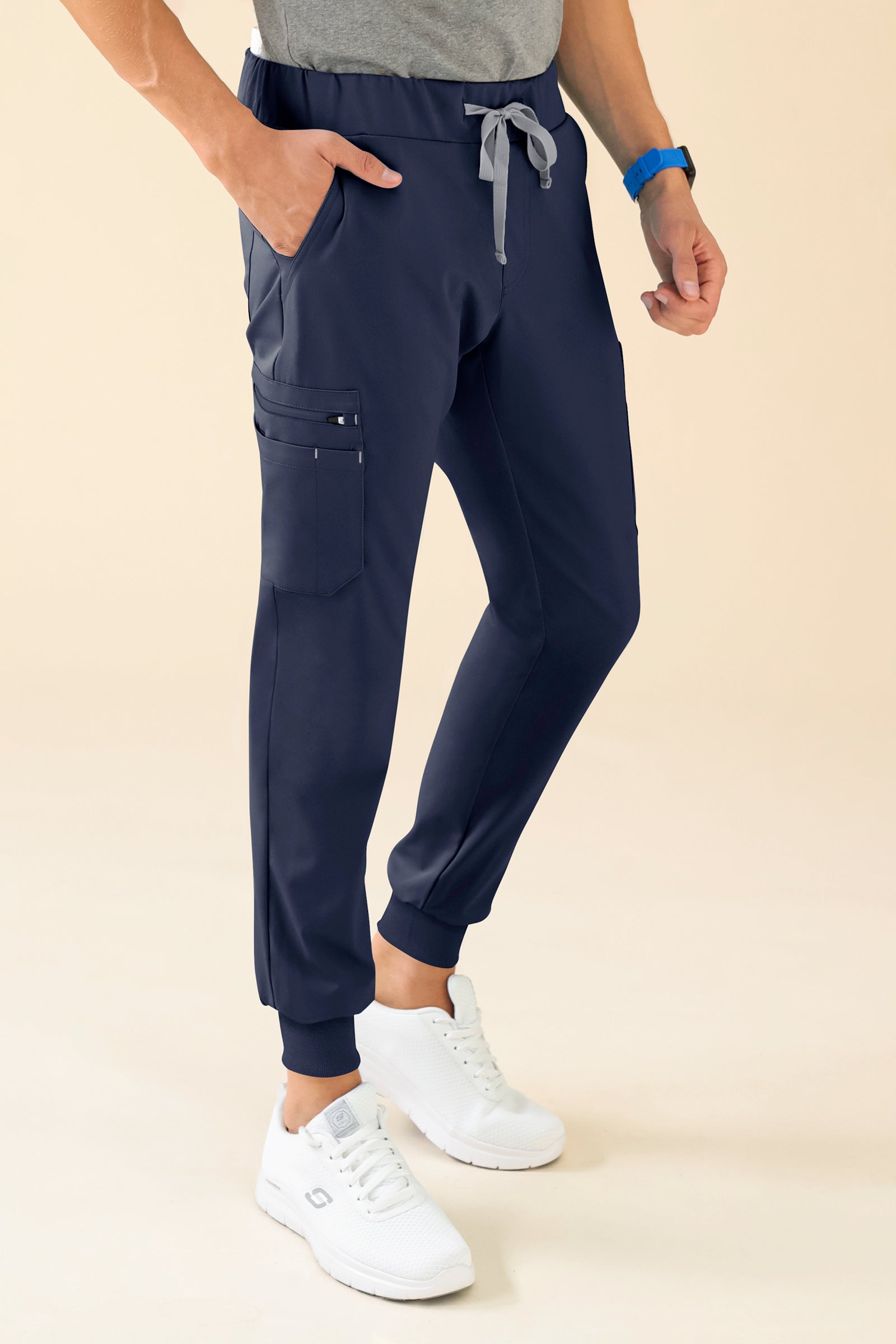 KAERE Pantalon Homme - avec poches cargo et ourlets côtelés bleu navy