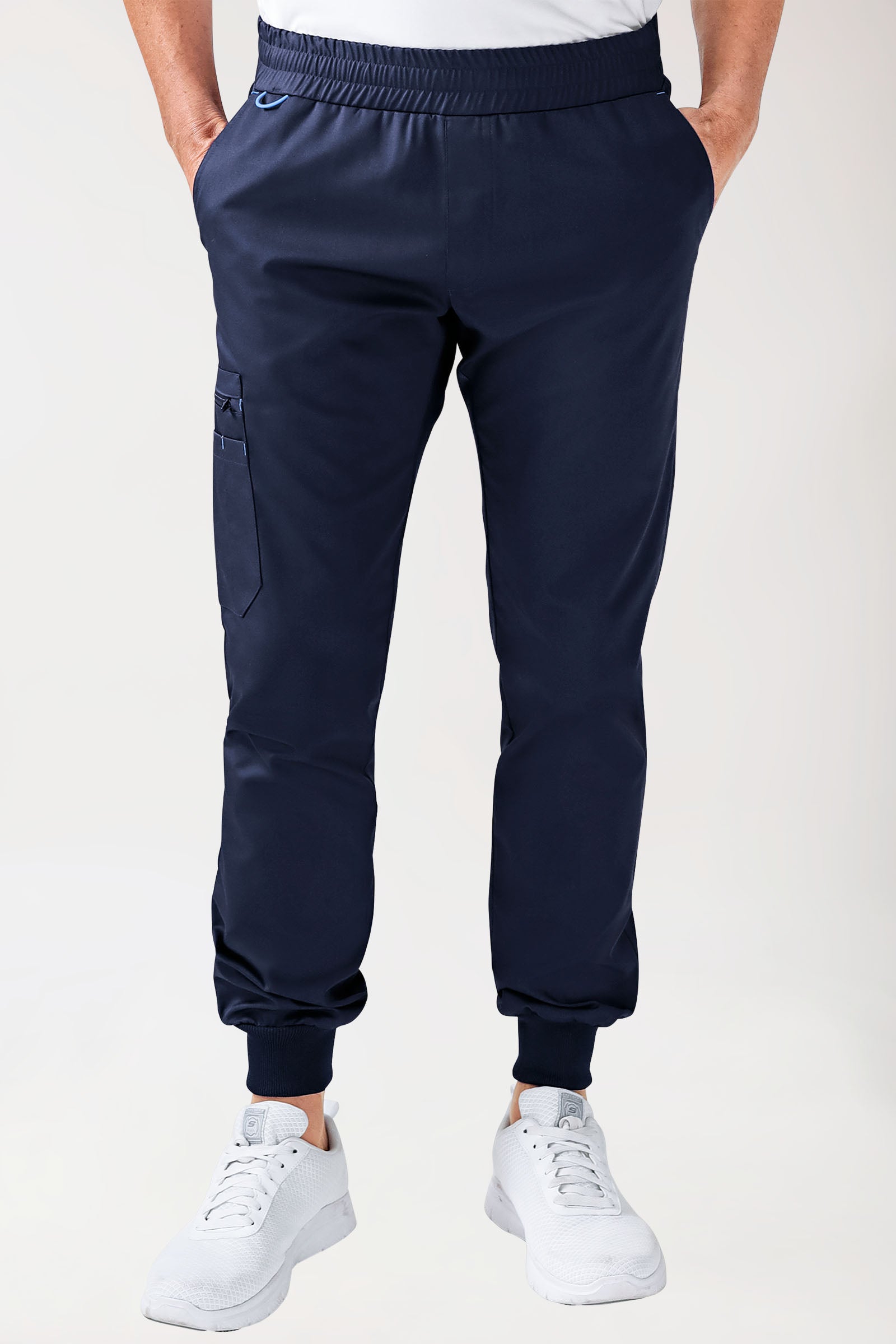 CLINIC STRETCH Pantalon Homme - ourlets côtelés bleu navy/bleu ciel, Vue de face