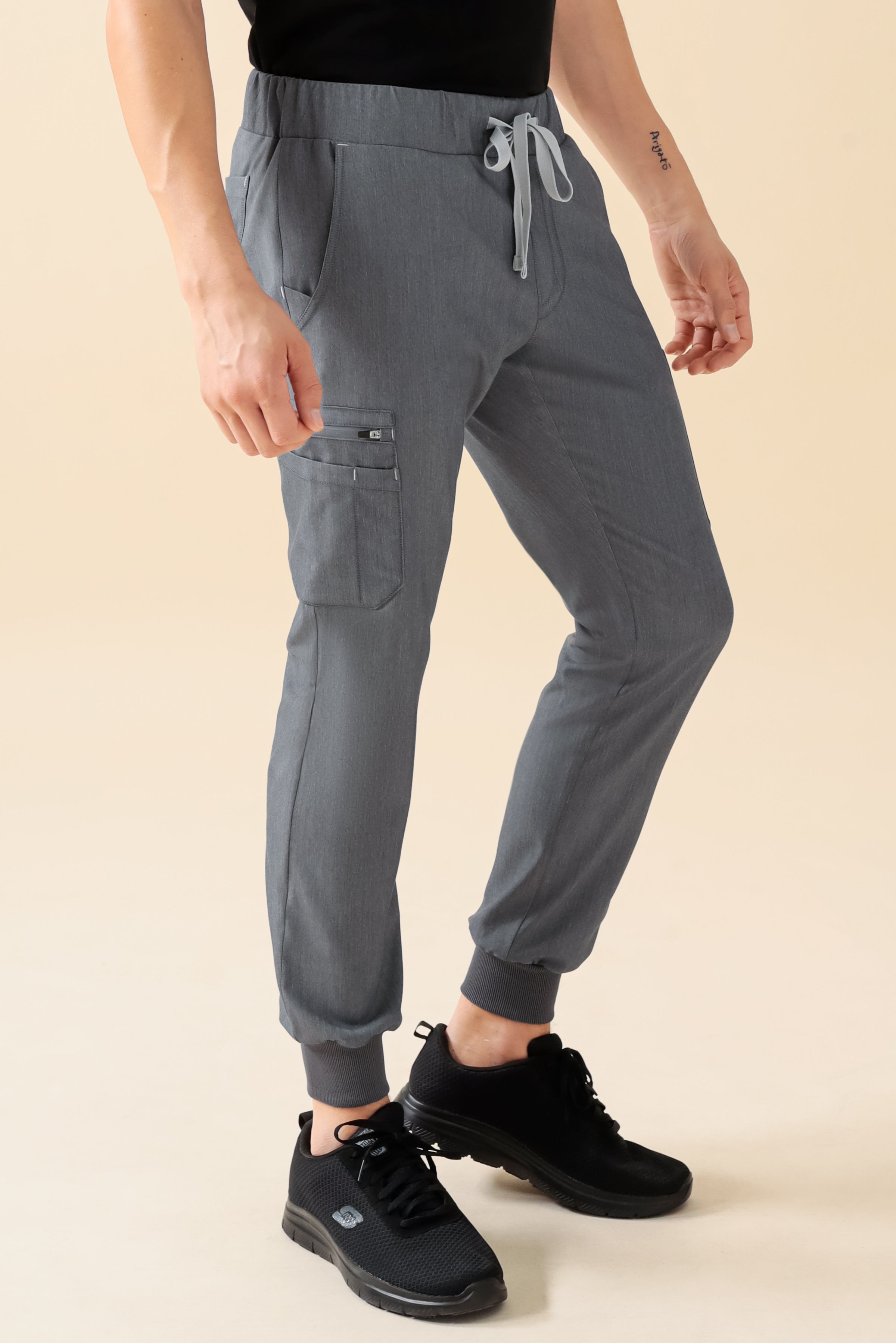 KAERE Pantalon Homme - avec poches cargo et ourlets côtelés gris chiné