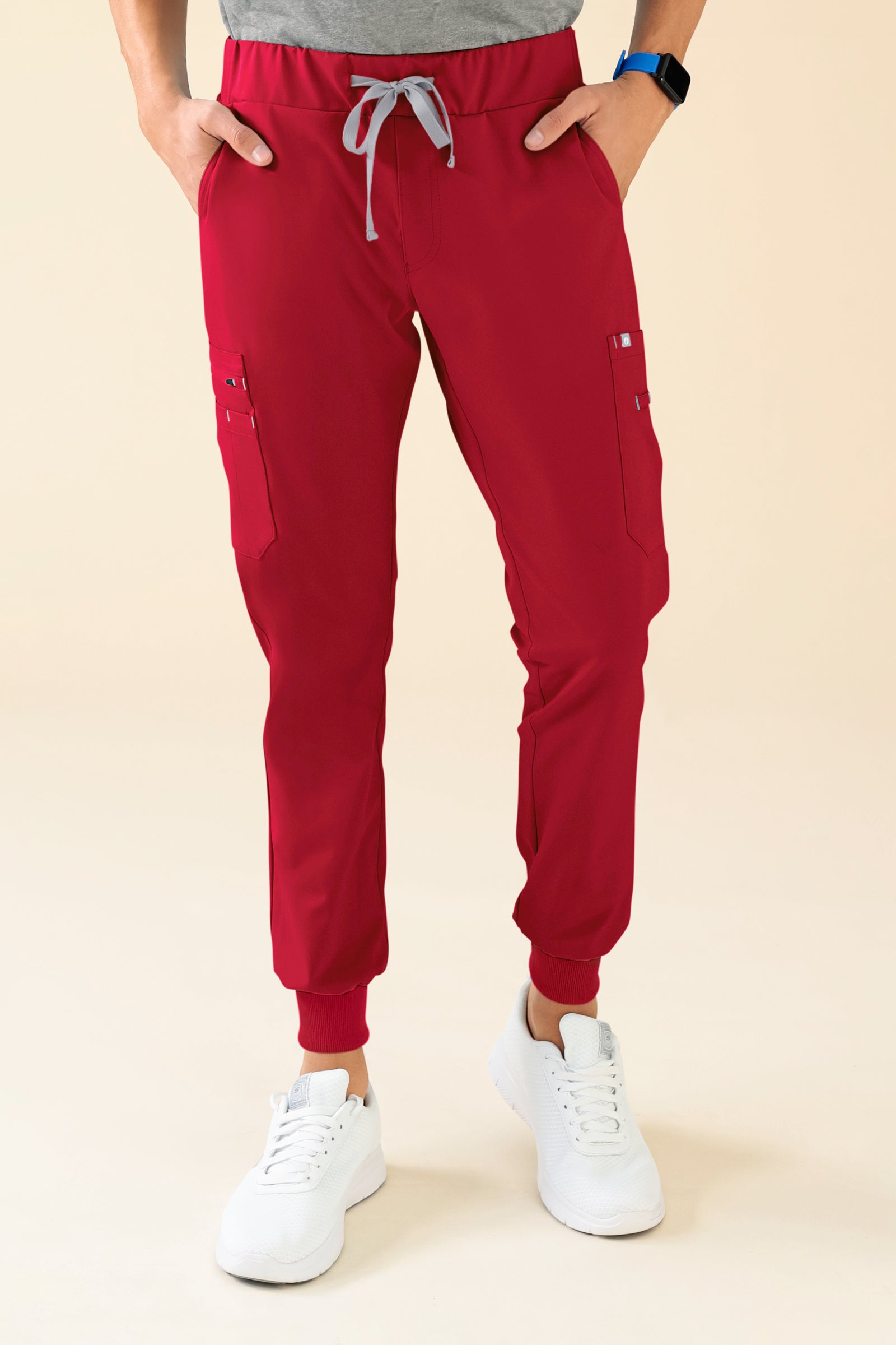 KAERE Pantalon Homme - avec poches cargo et ourlets côtelés rouge