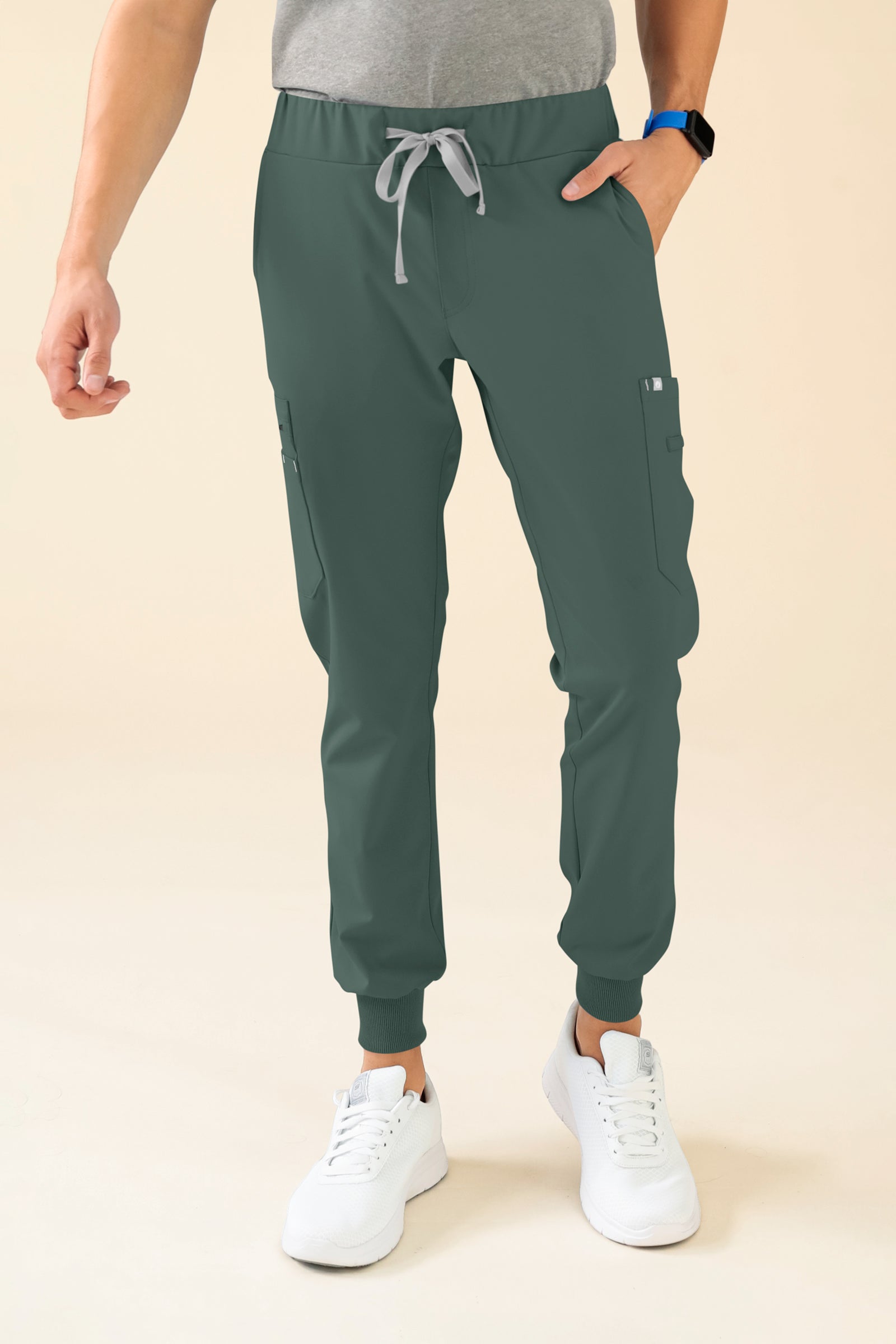 KAERE Pantalon Homme - avec poches cargo et ourlets côtelés vert foncé