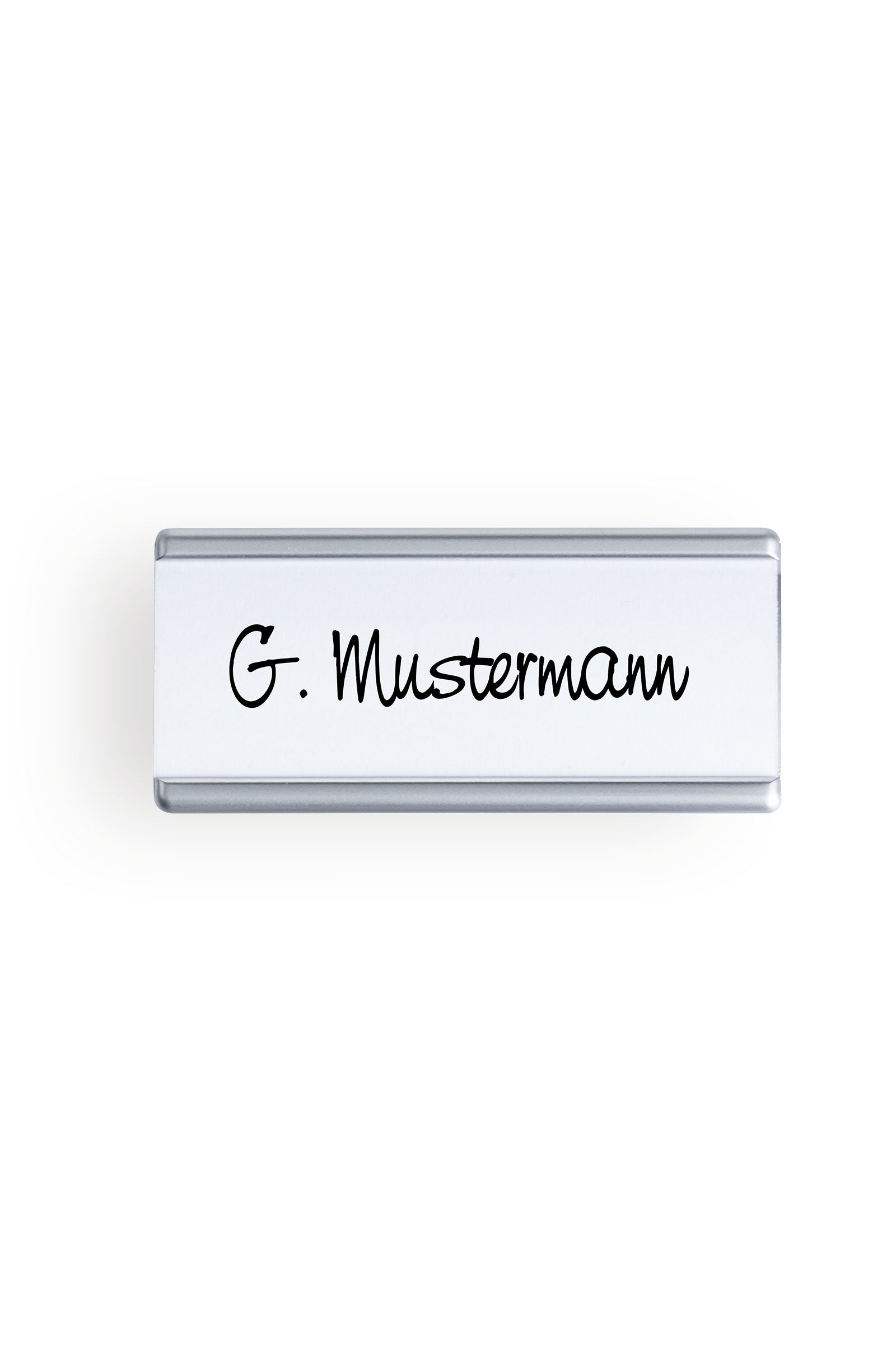 Badge d'identité magnétique argent métallisé 7x3 cm, Vue de face