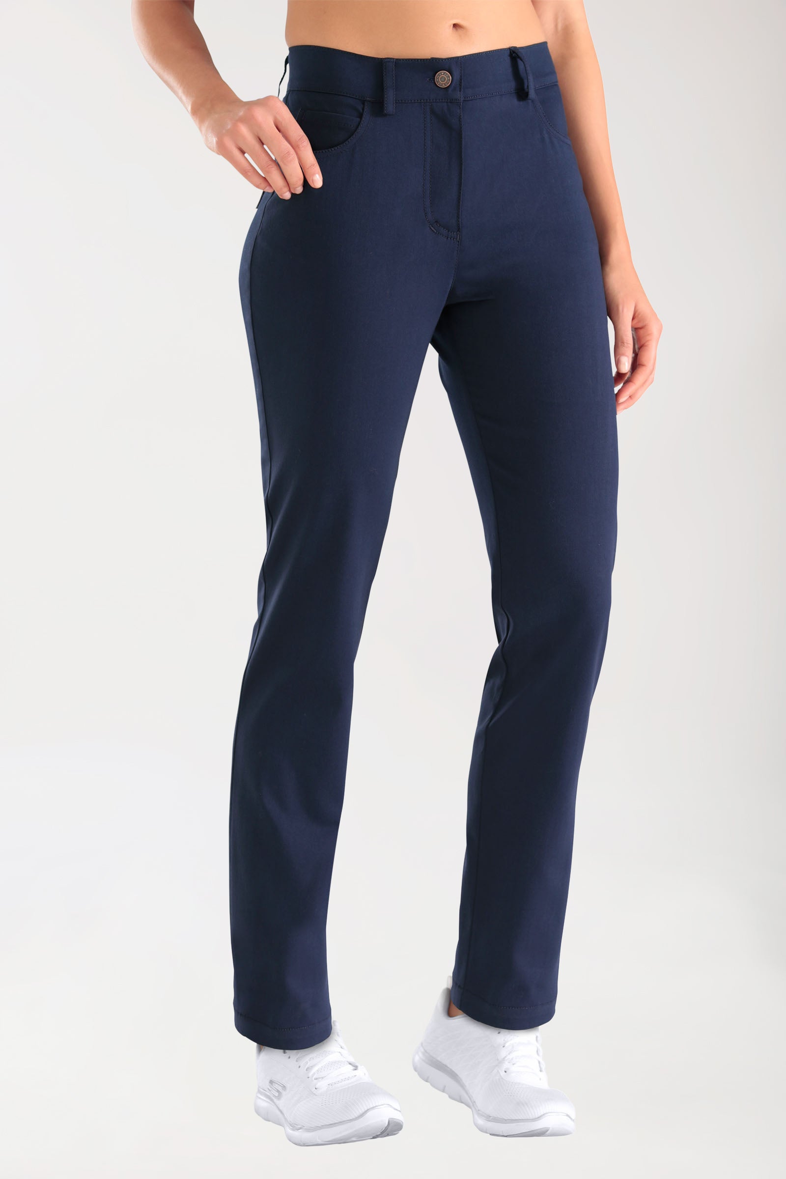 Pantalon 5 poches Femme Stretch - Jambe droite navy, Vue de face