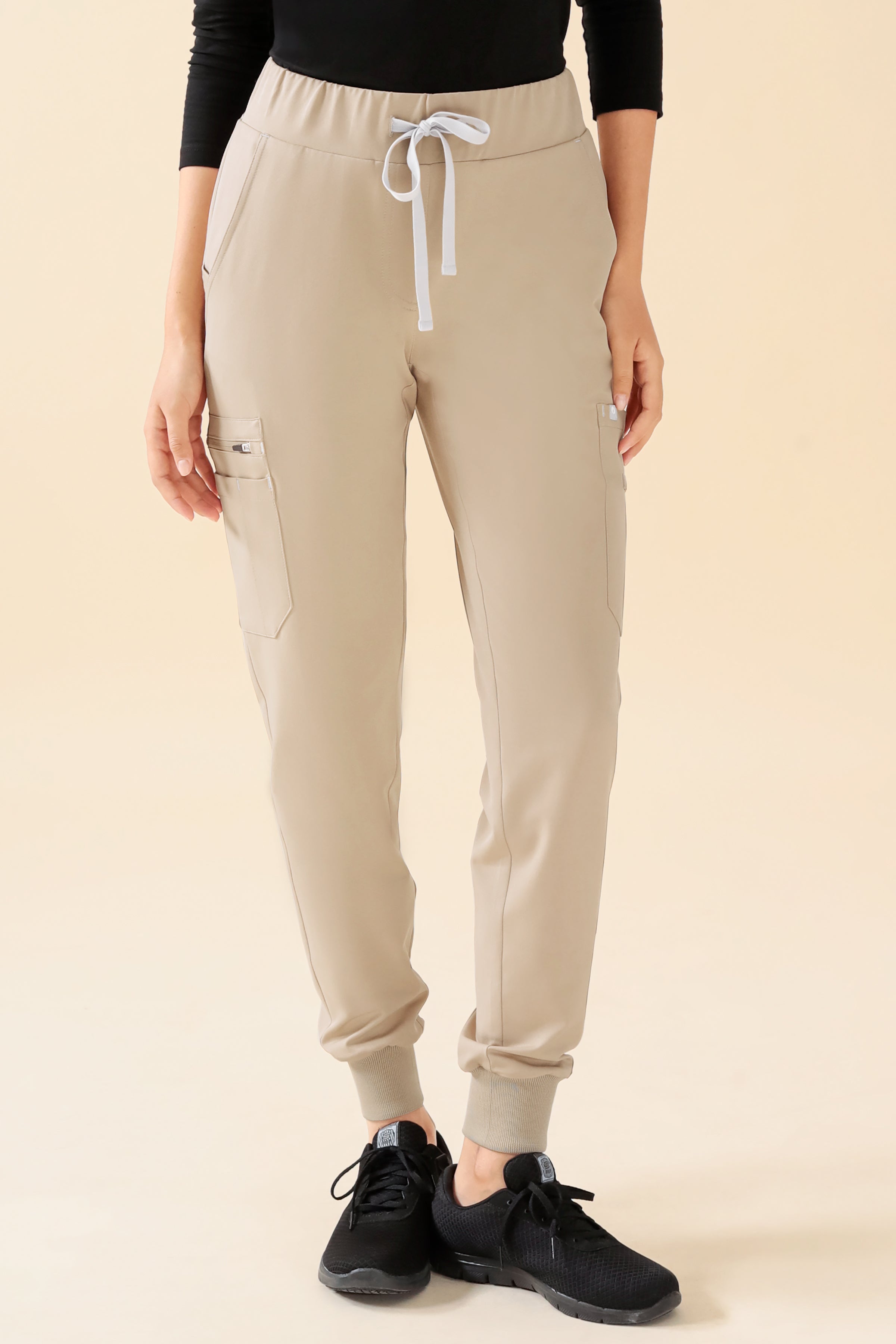 KAERE Pantalon Femme - avec poches cargo et ourlets côtelés sable