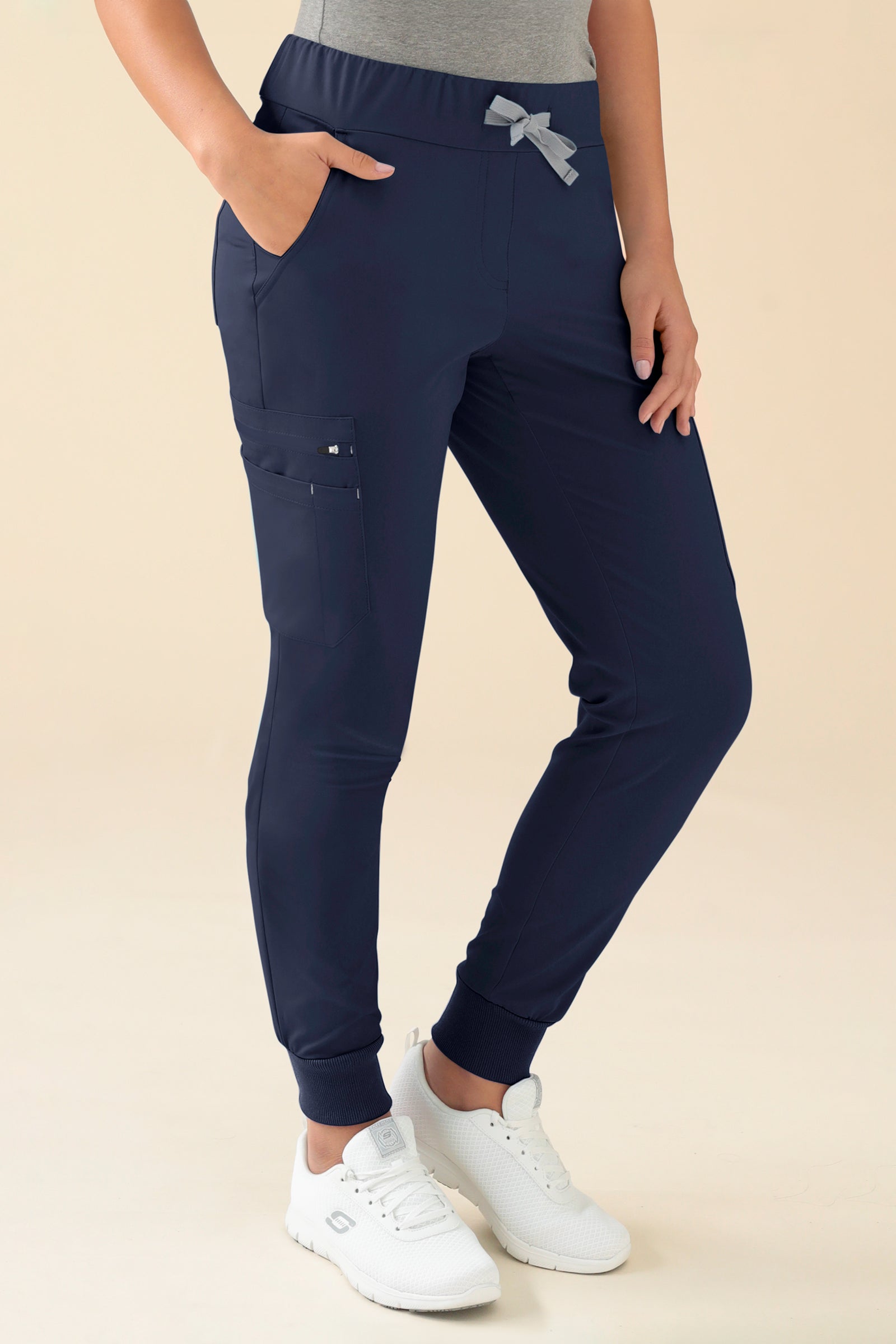 KAERE Pantalon Femme - avec poches cargo et ourlets côtelés bleu navy, Vue de face
