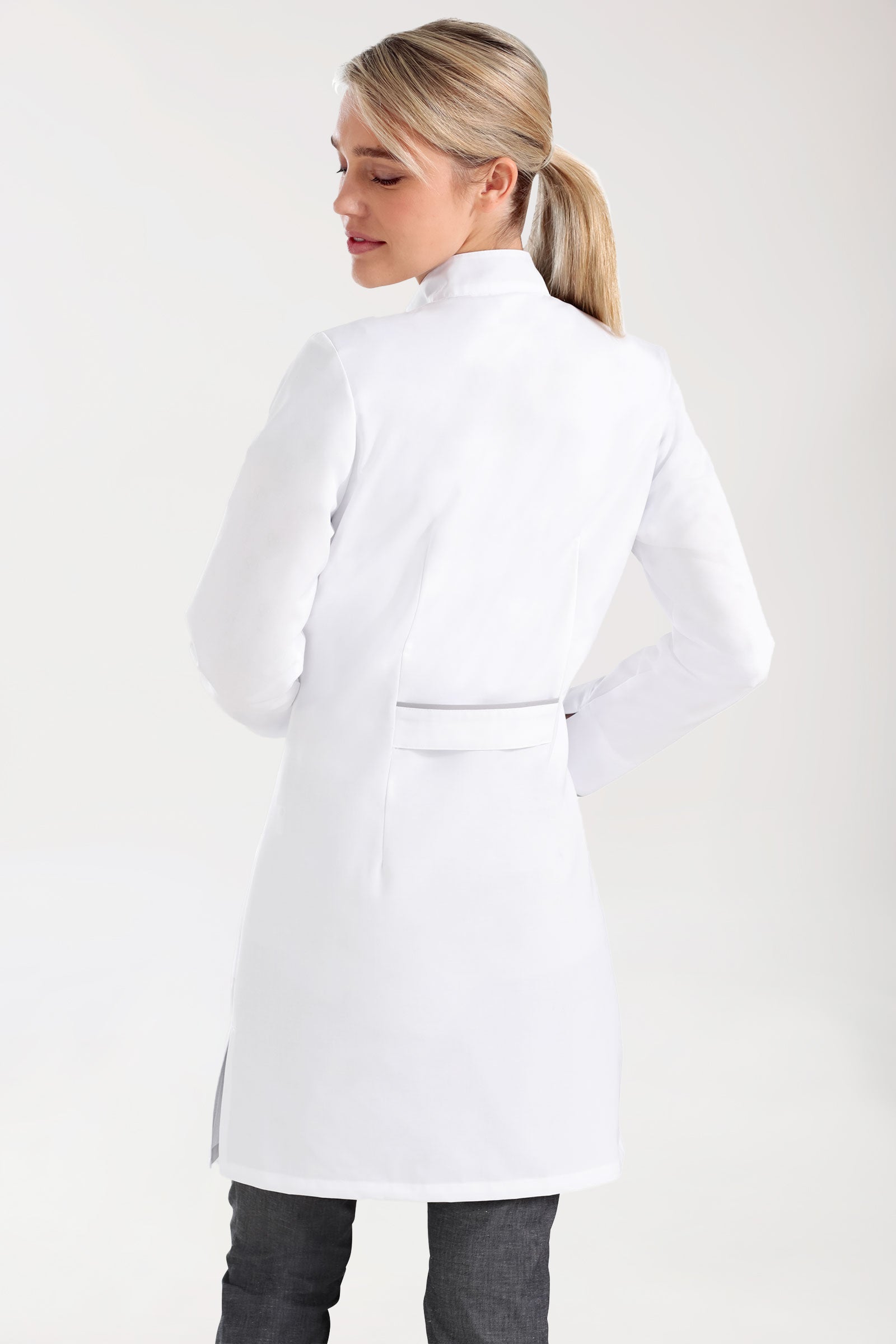 Blouse mi-longue Femme - Col officier blanc/gris, Vue de dos 