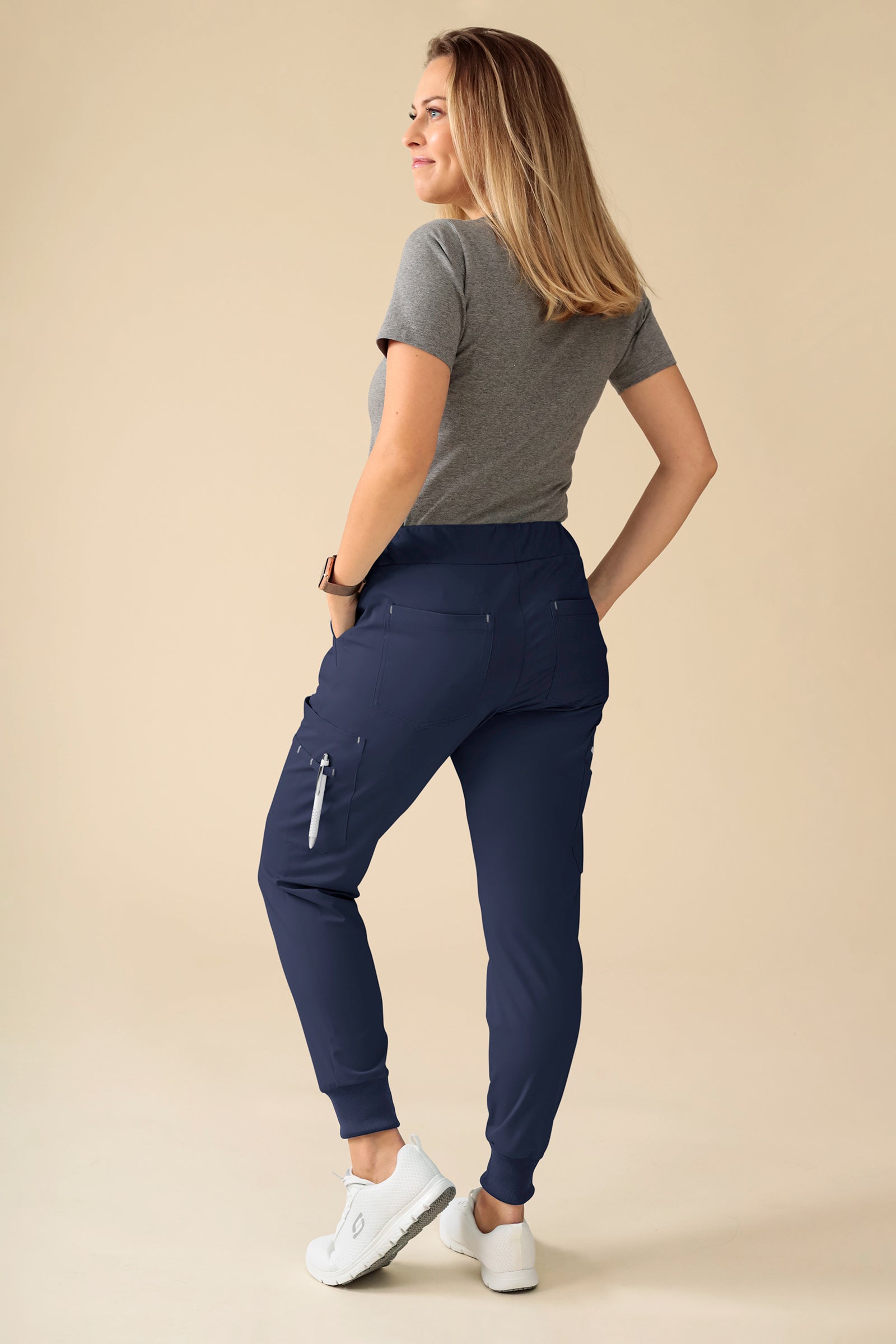 KAERE Pantalon Femme - avec poches cargo et ourlets côtelés Taille courte bleu navy