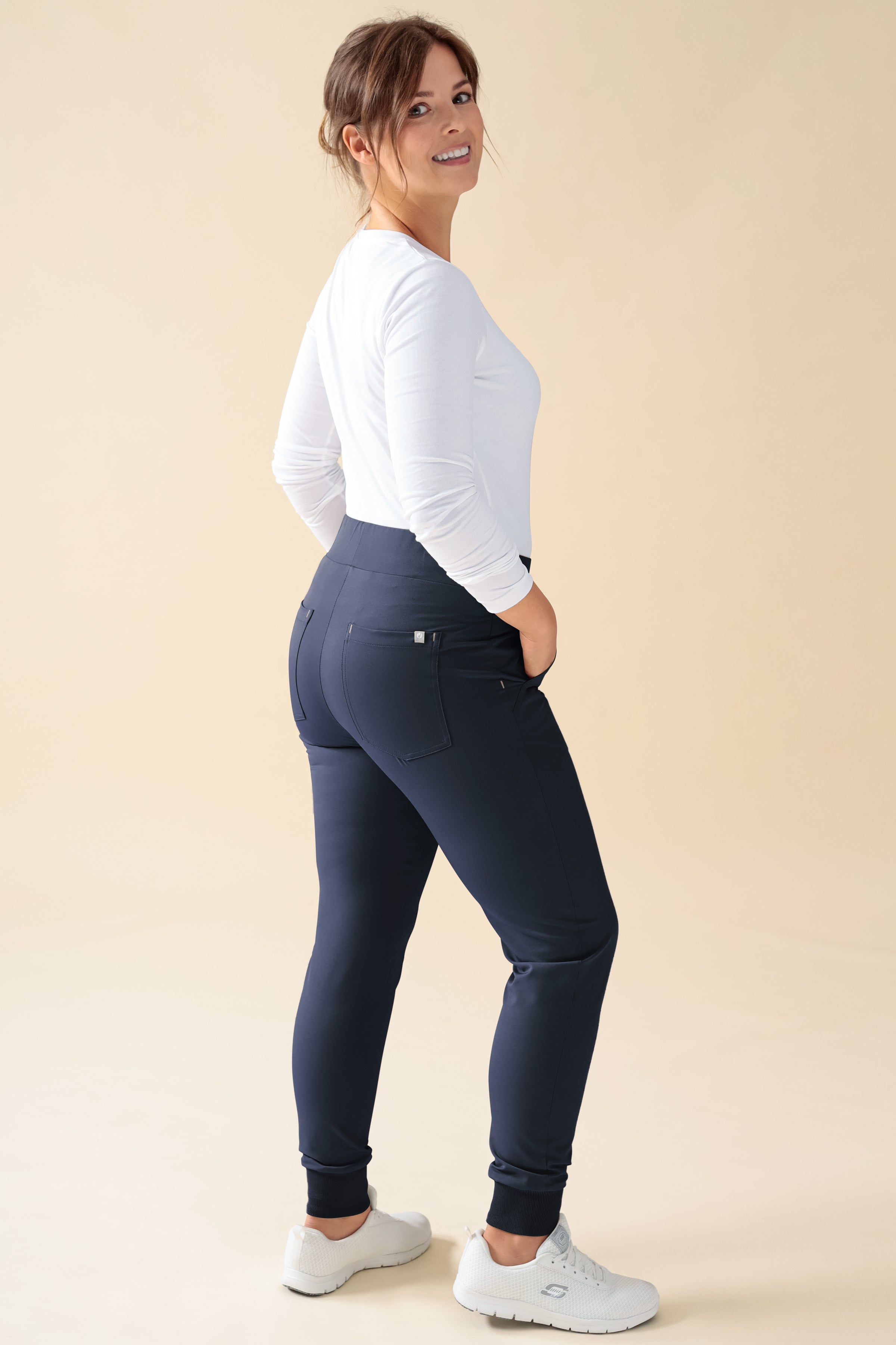 KAERE Pantalon Femme - ourlets côtelés Taille courte et sans poches cargo bleu navy